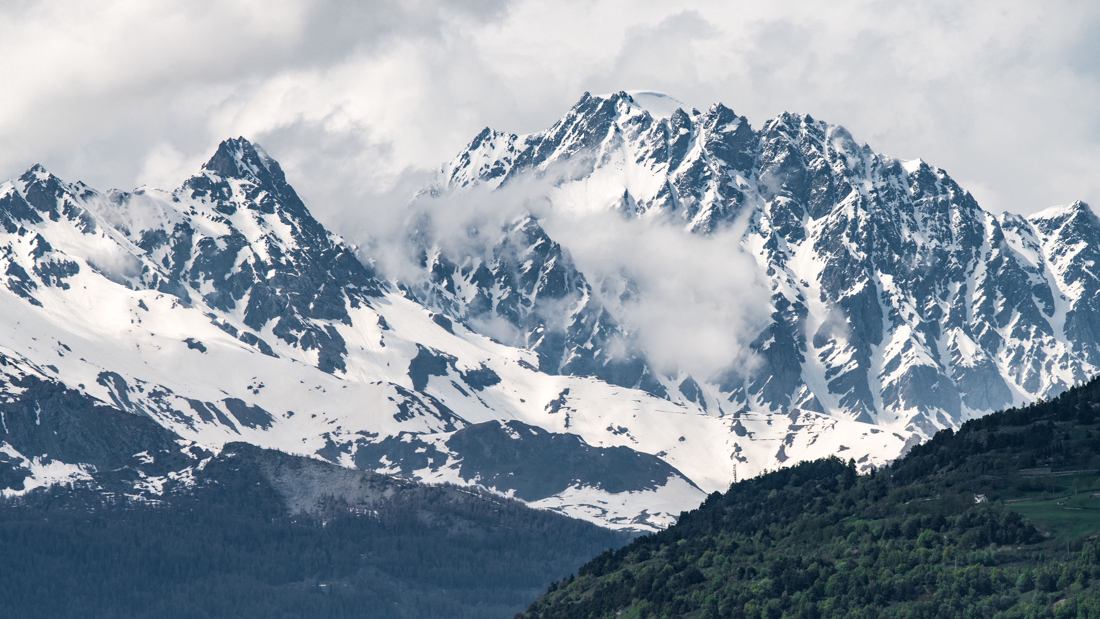 mountains, valley, peaks, snowy, trees, sky, 4k, HD Wallpaper