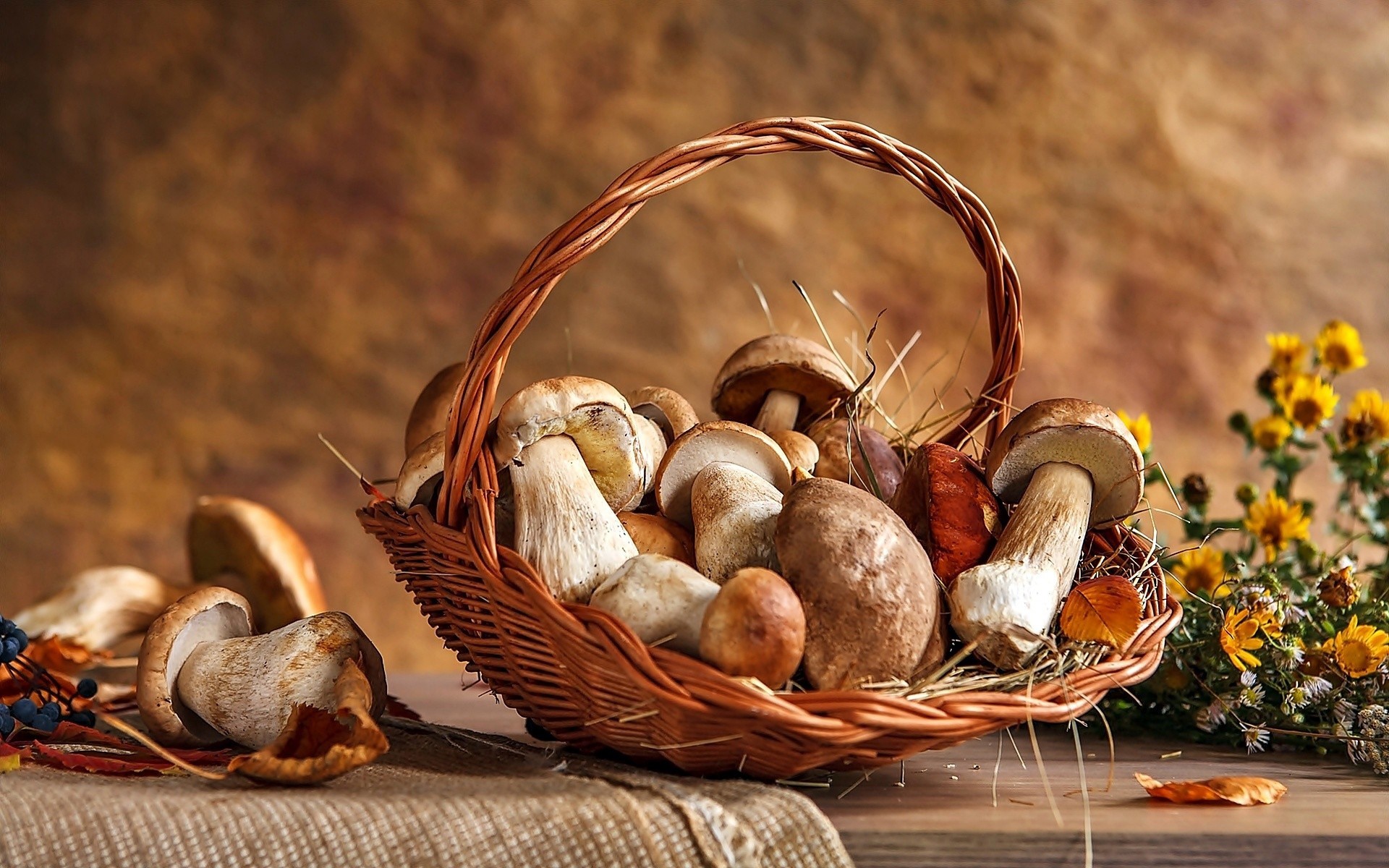 still life, baskets, food, mushroom, flowers, wooden surface, fallen leaves, HD Wallpaper