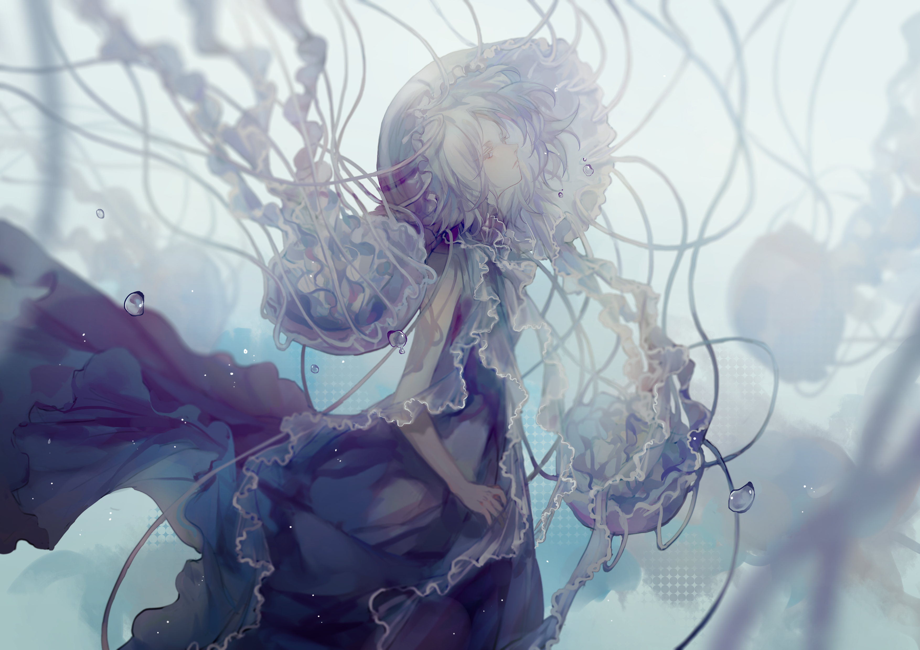 anime, anime girls, original characters, white hair, underwater, jellyfish, HD Wallpaper