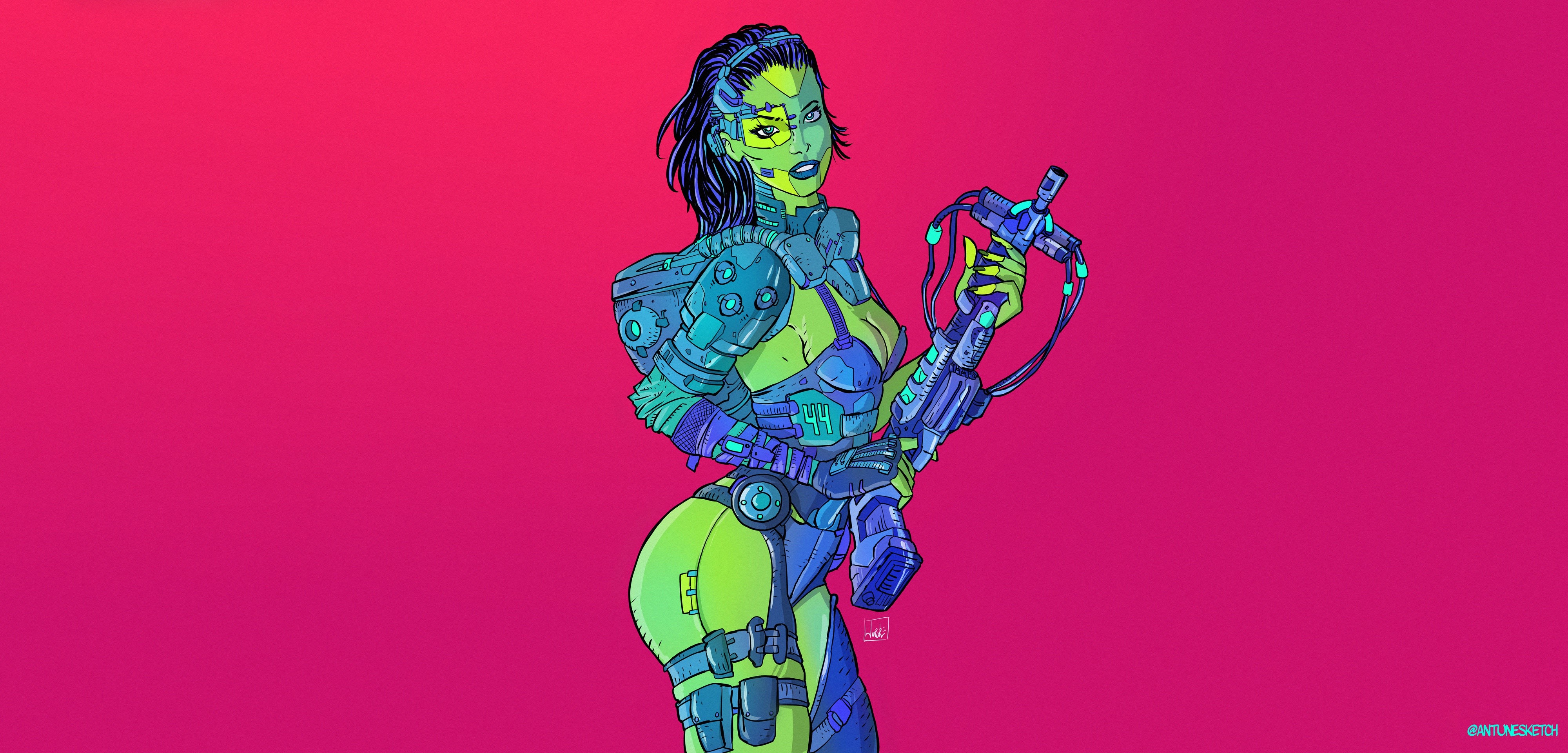 colorful, cyborg, simple background, futuristic, artwork, HD Wallpaper