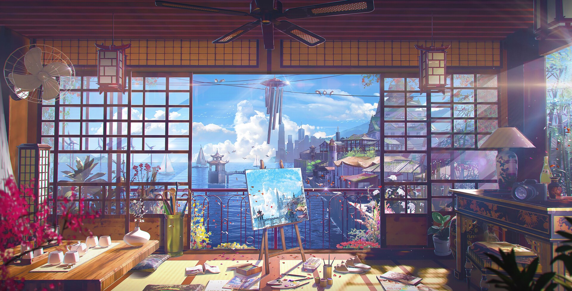 artwork, room, ArtStation, cityscape, interior, painting, HD Wallpaper
