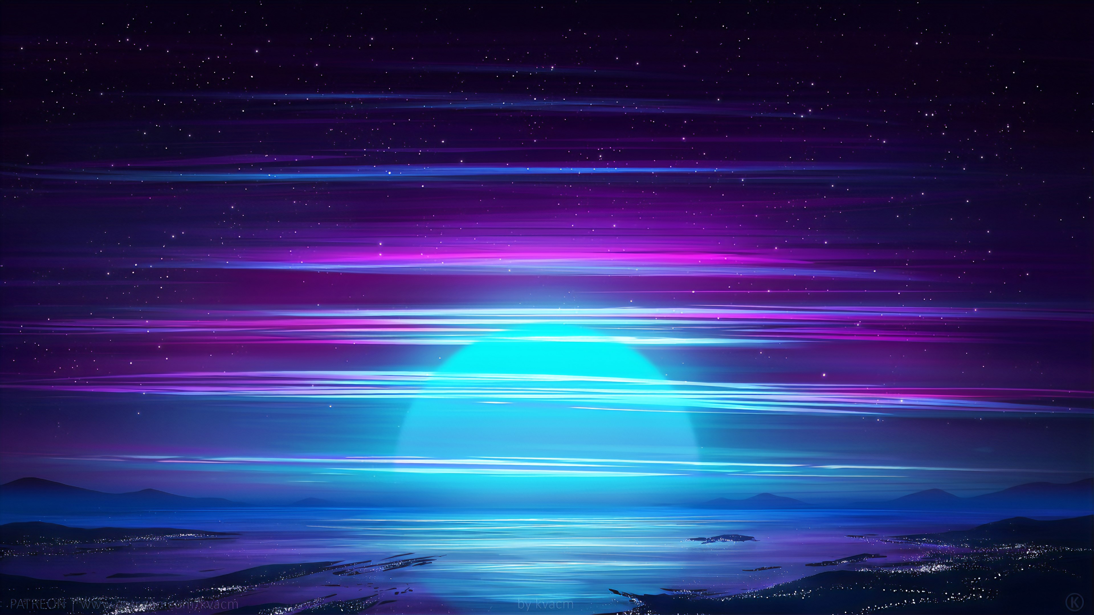 midnight, Sun, digital art, sea, sky, stars, movies, desert, mash-ups, cyan, Kvacm, purple, HD Wallpaper