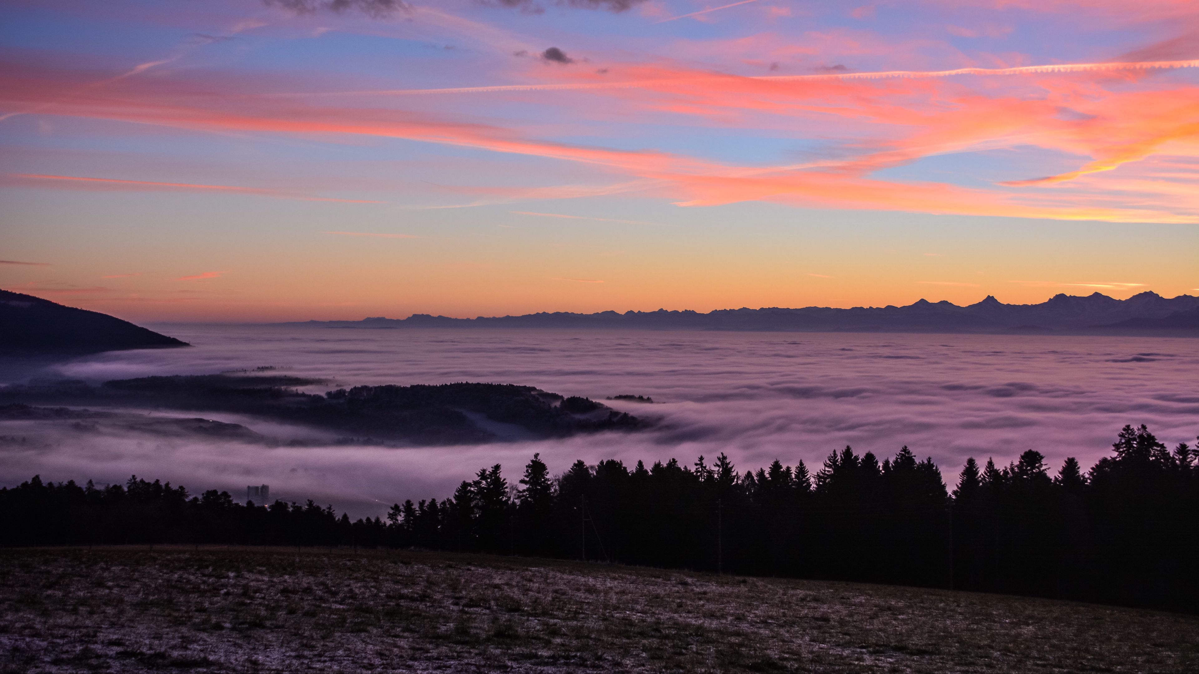 fog, sunset, horizon, sky, 4k, HD Wallpaper