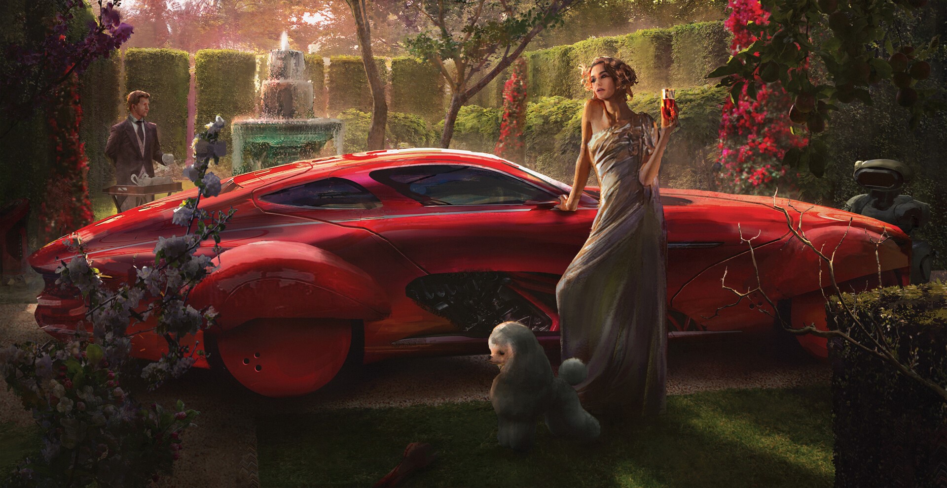 women, car, red cars, vehicle, artwork, Eddie Mendoza, futuristic, HD Wallpaper