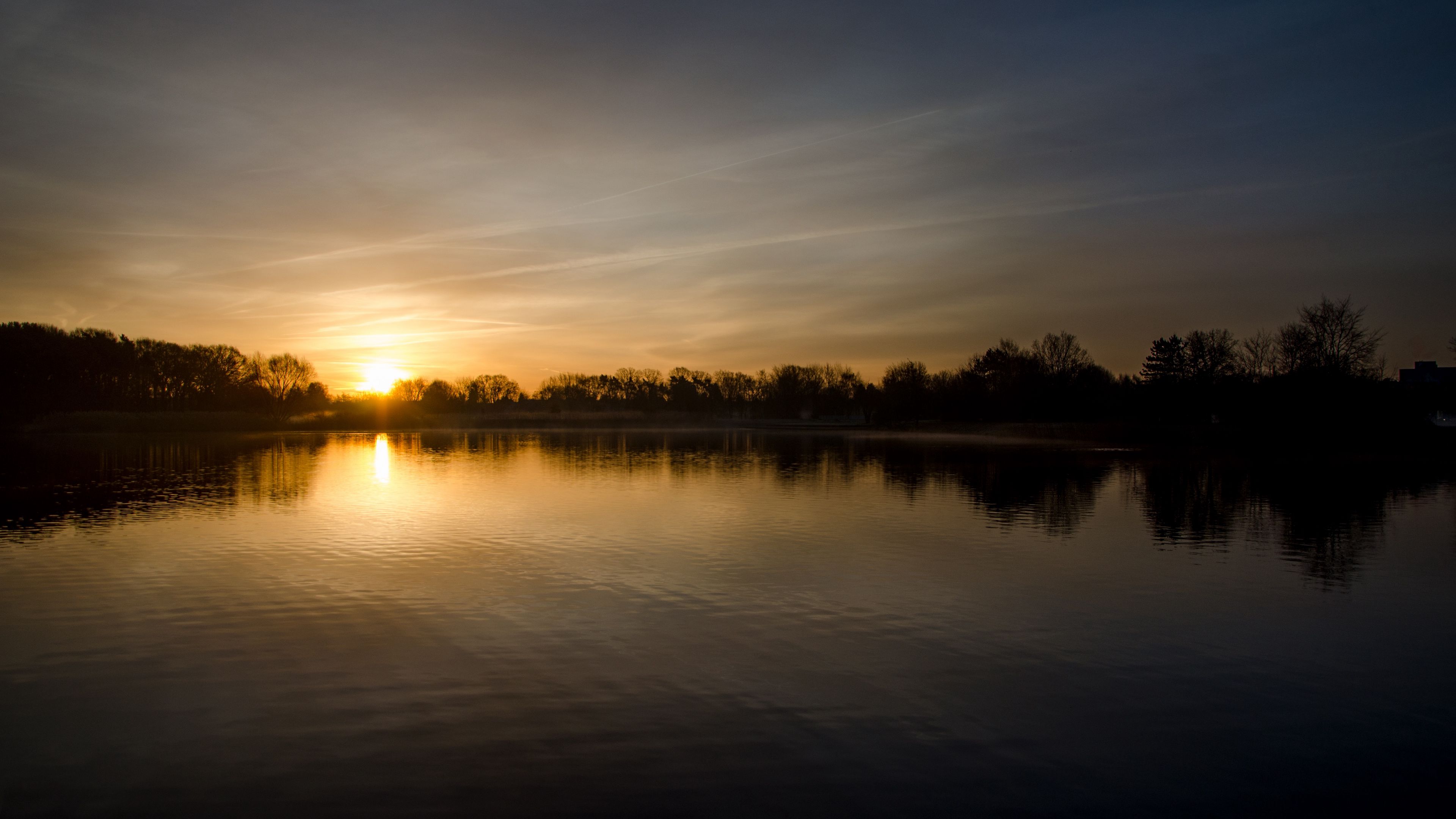 lake, horizon, sunset, sky, water, sun, 4k, HD Wallpaper