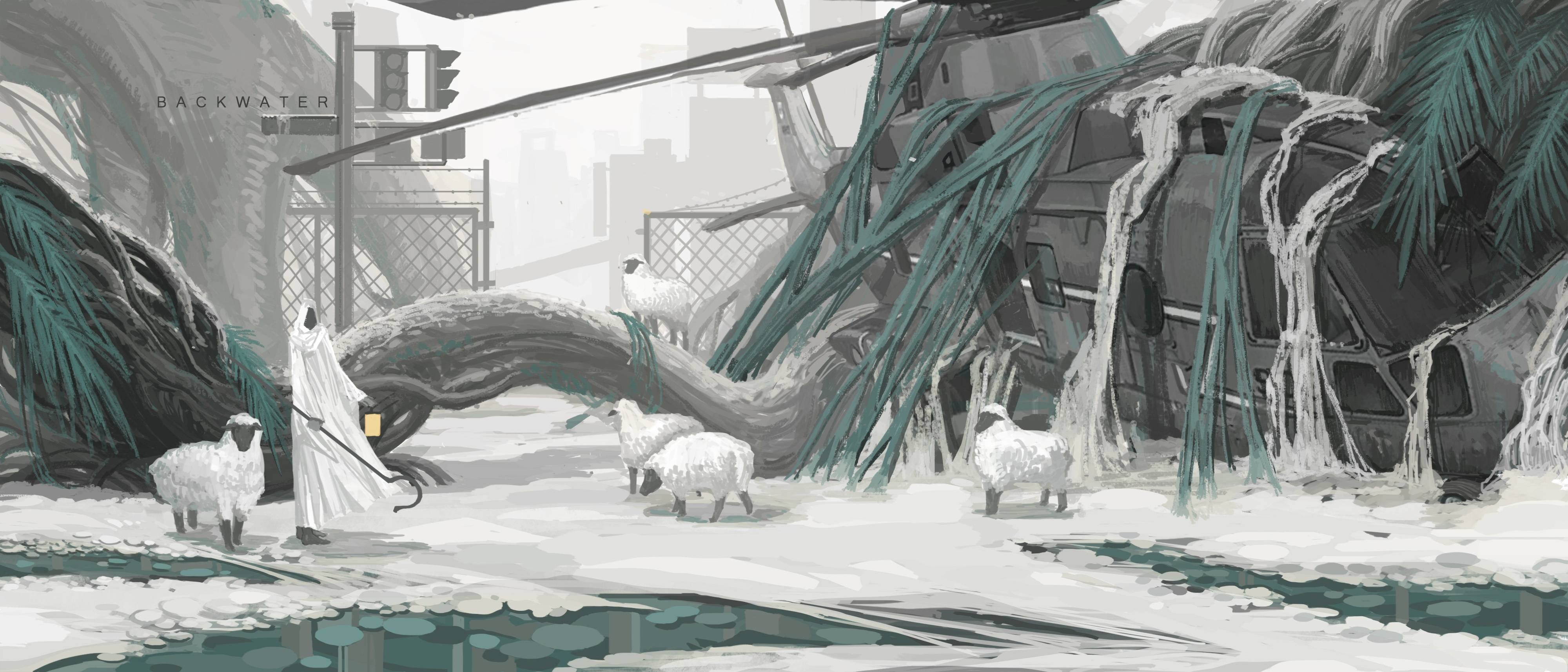 snafu, artwork, helicopters, sheep, animals, anime, wreck, HD Wallpaper