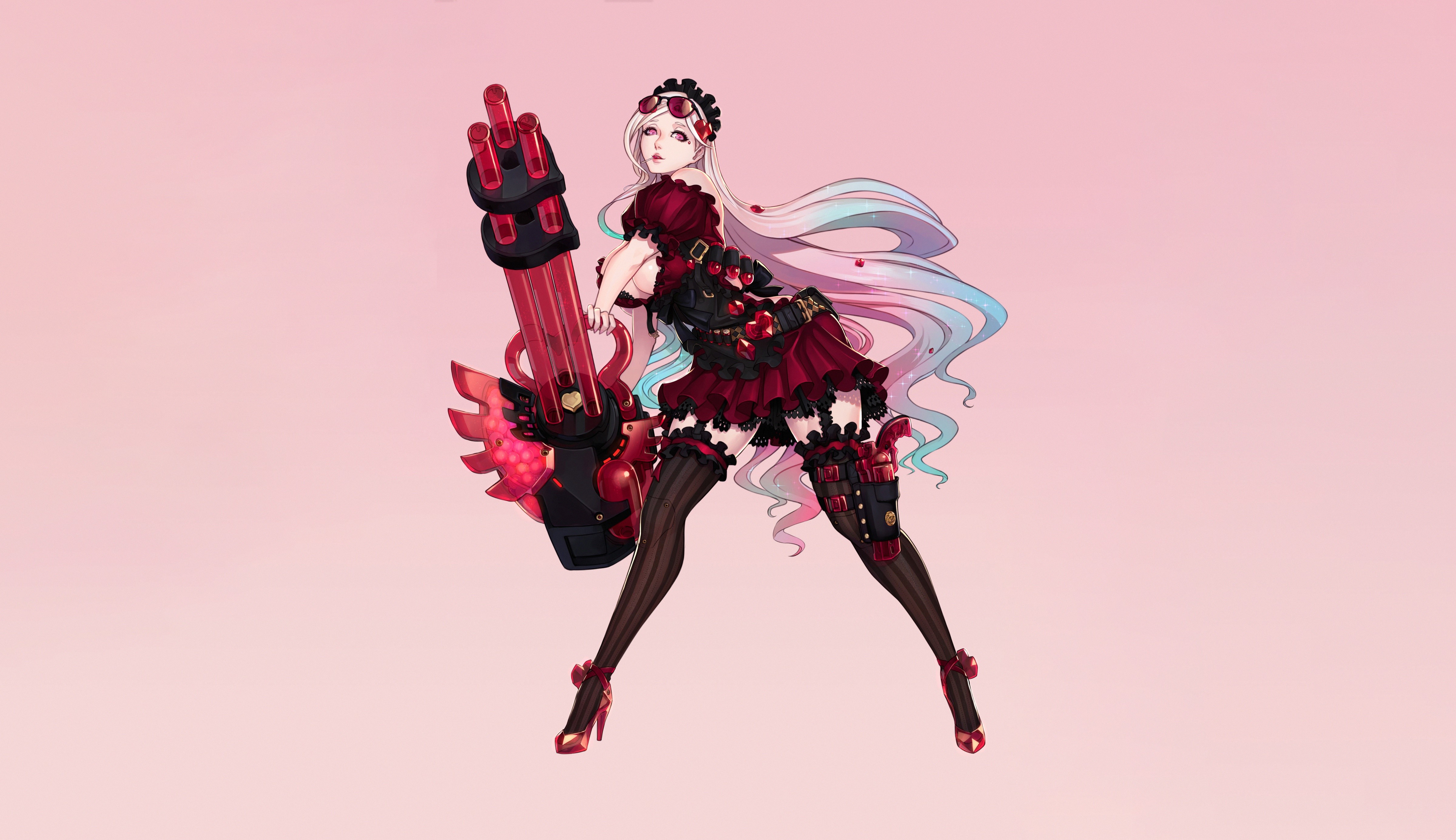 anime girls, anime, weapon, pink background, simple background, HD Wallpaper