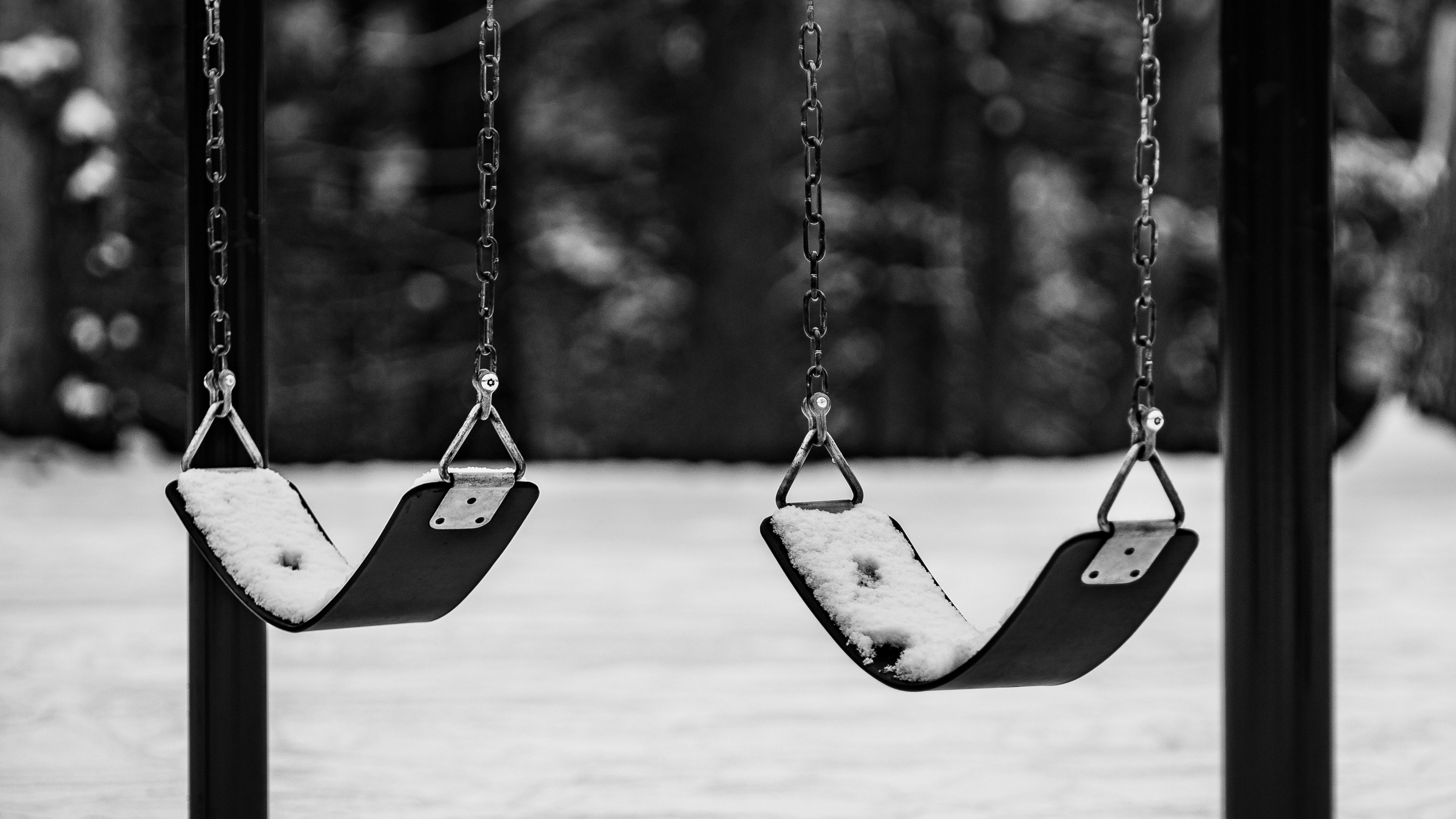 swing, winter, bw, childhood, 4k, HD Wallpaper
