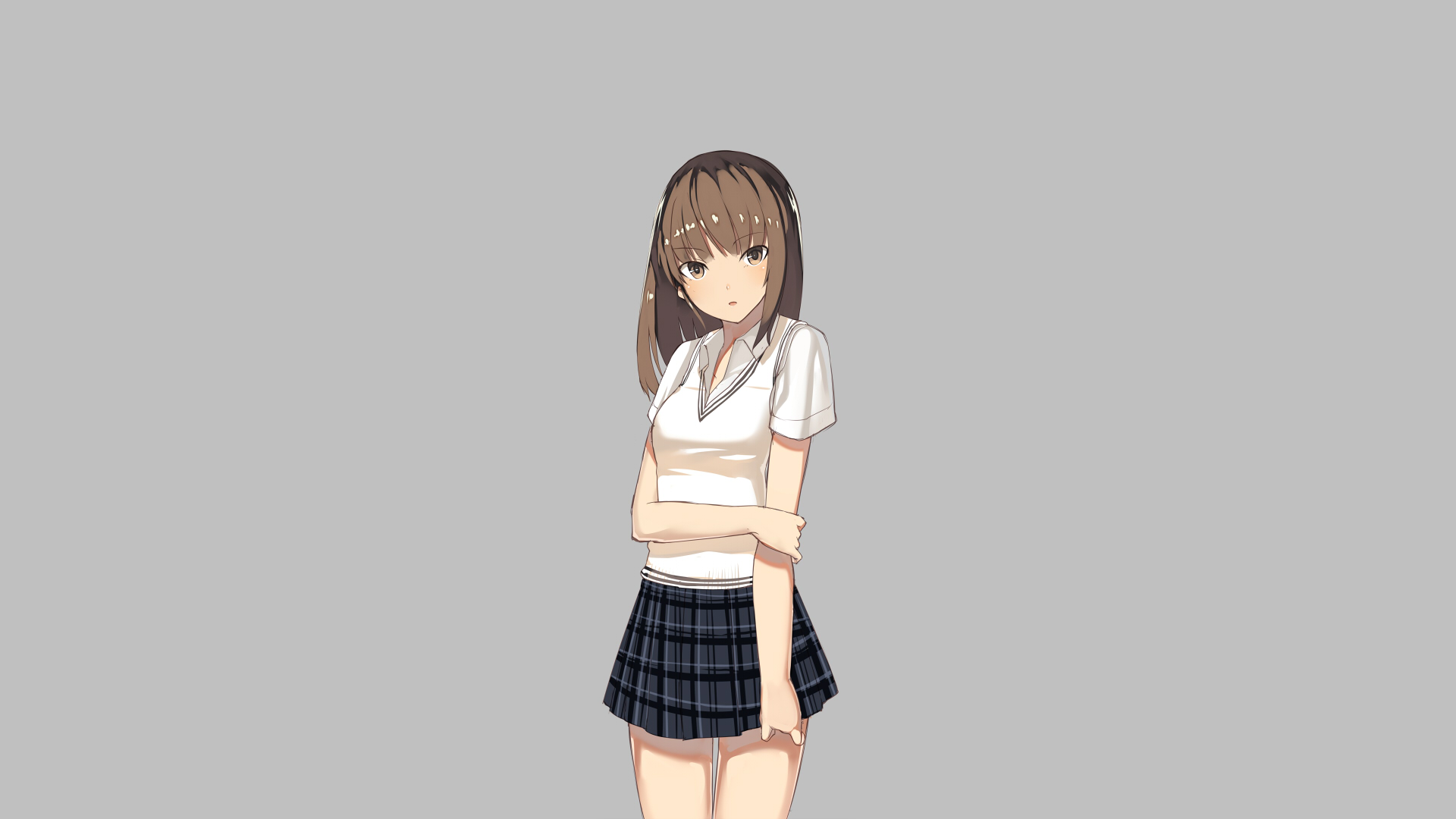 anime girls, anime, original characters, brunette, schoolgirl, school uniform, sweater, miniskirt, plaid skirt, looking at viewer, blushing, brown eyes, gray background, minimalism, simple background, artwork, digital art, 2D, drawing, illustration, Kureha, HD Wallpaper