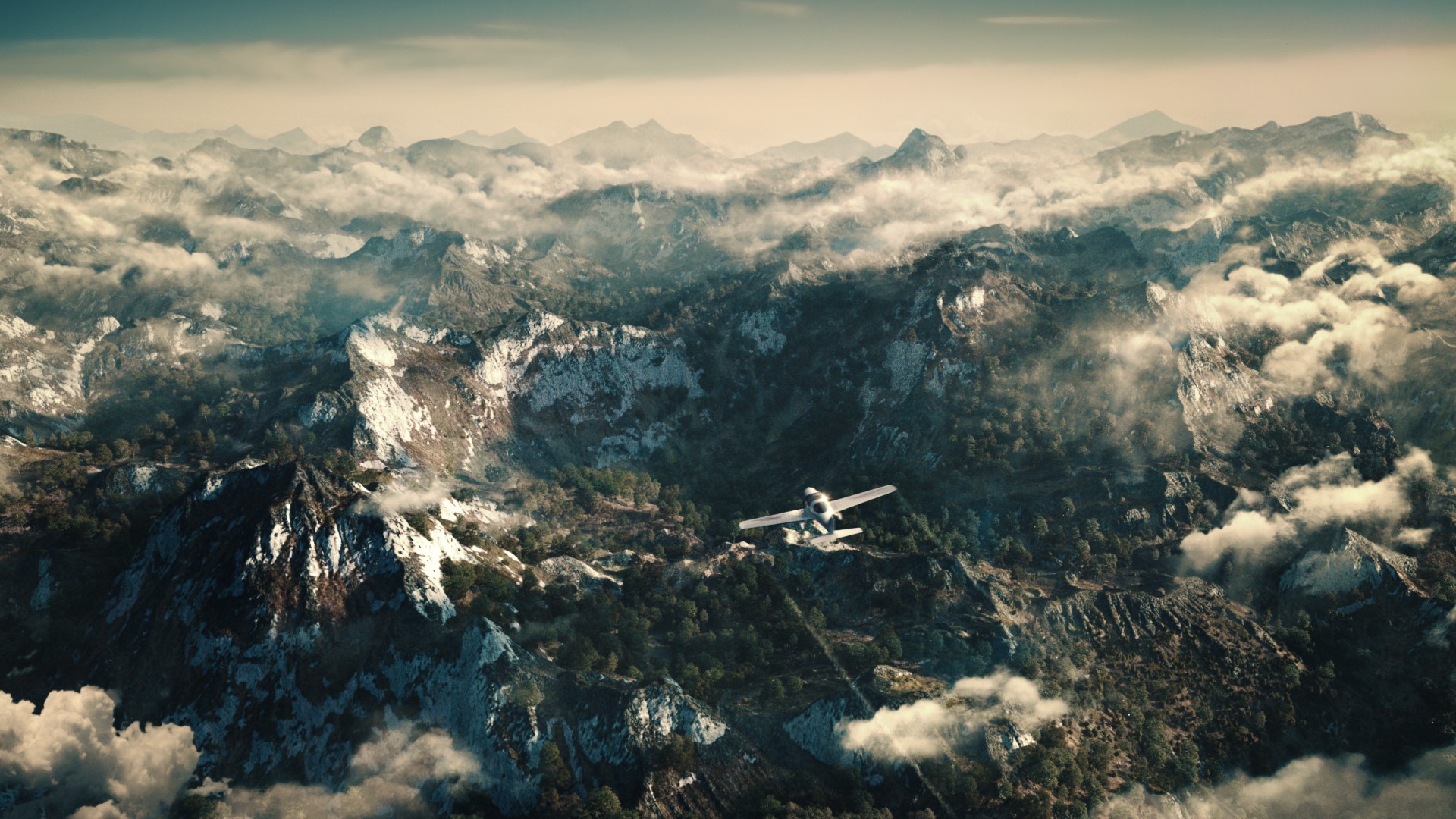 3d design, mountains, landscape, airplane, clouds, HD Wallpaper