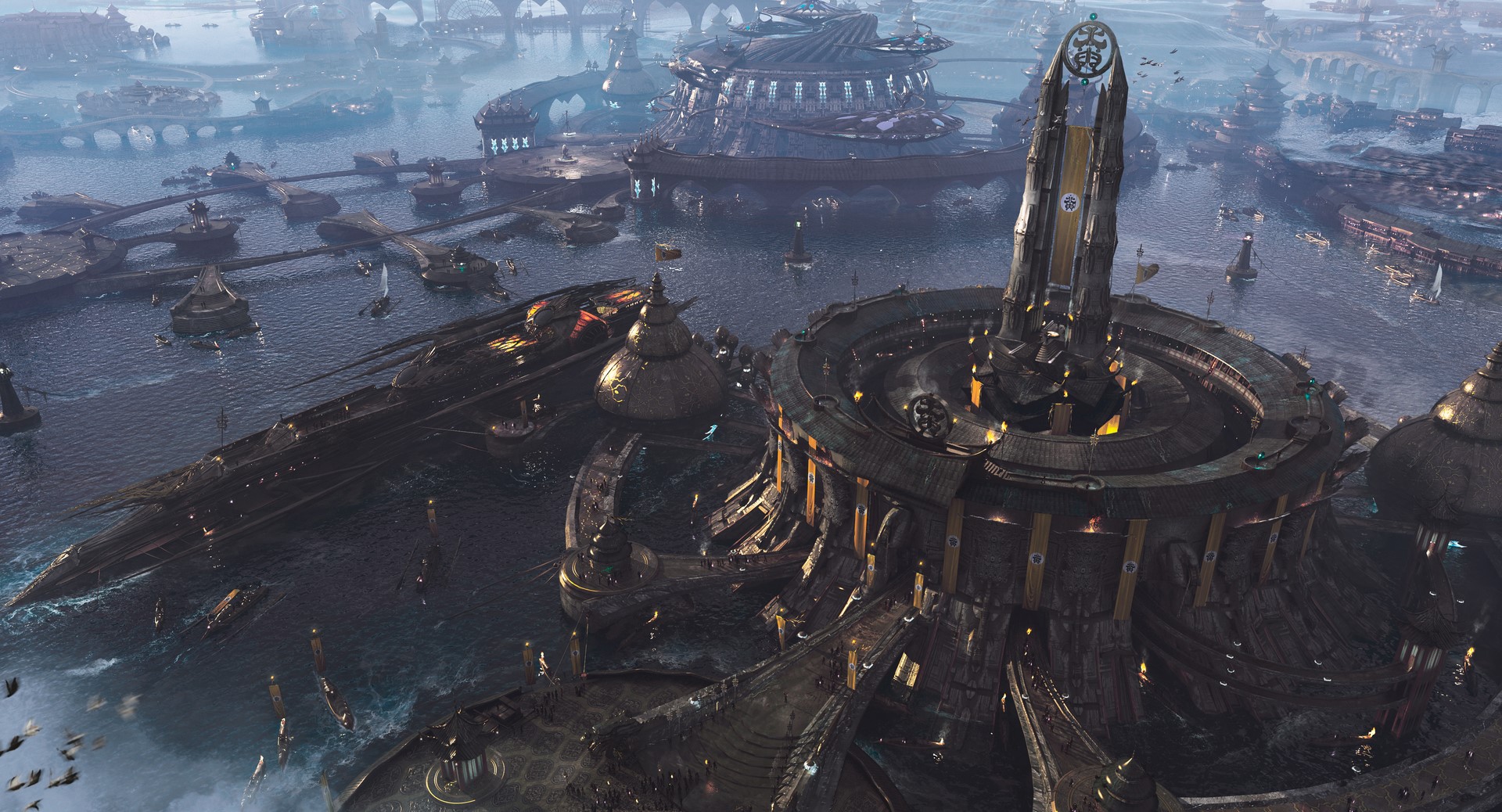 3d design, science fiction, ship, harbor, city, HD Wallpaper