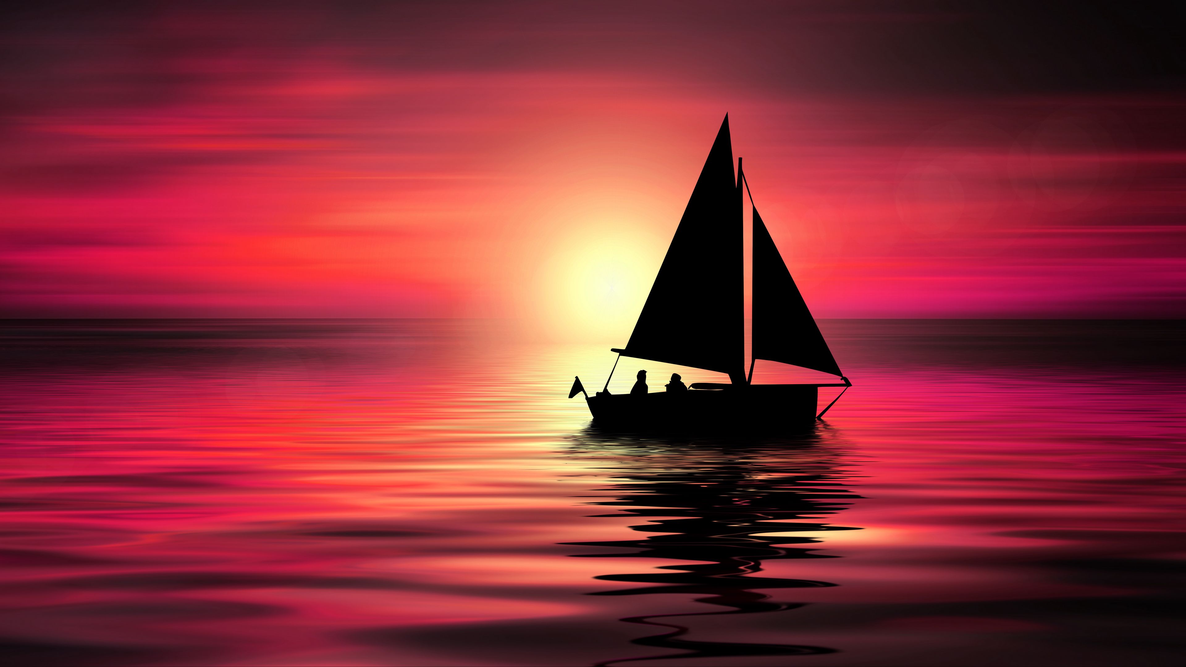 sail, silhouettes, sea, horizon, night, 4k, HD Wallpaper