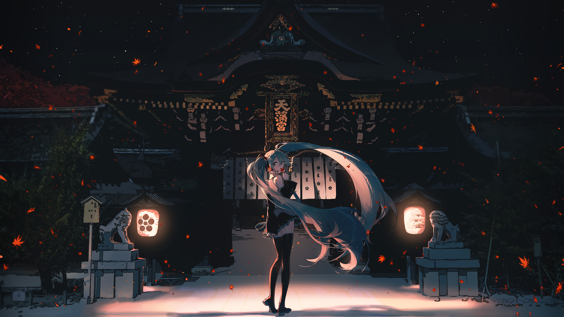architecture, leaves, long hair, Vocaloid, Japan, HD Wallpaper