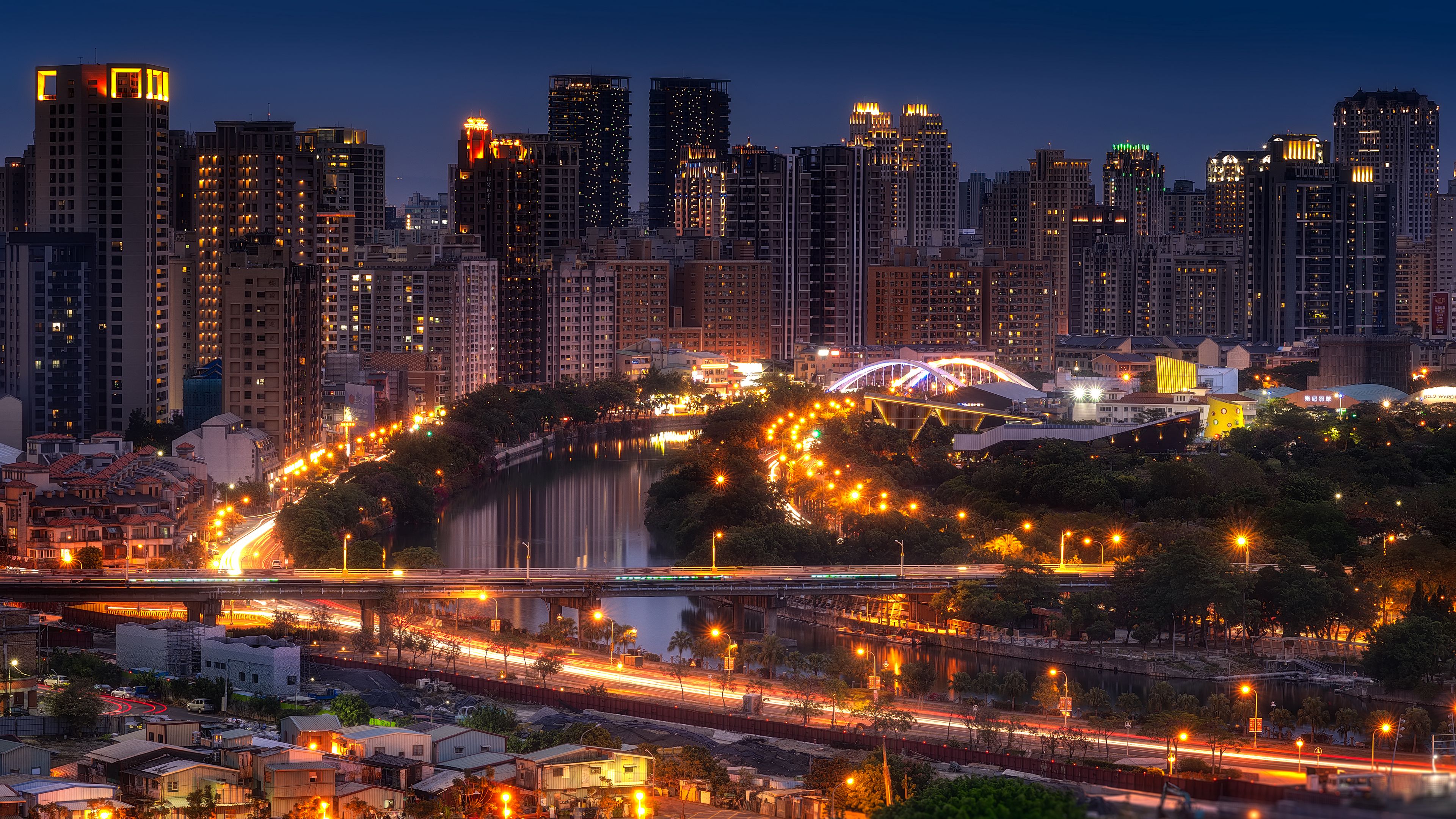 night city, road, bridge, lights, 4k, HD Wallpaper