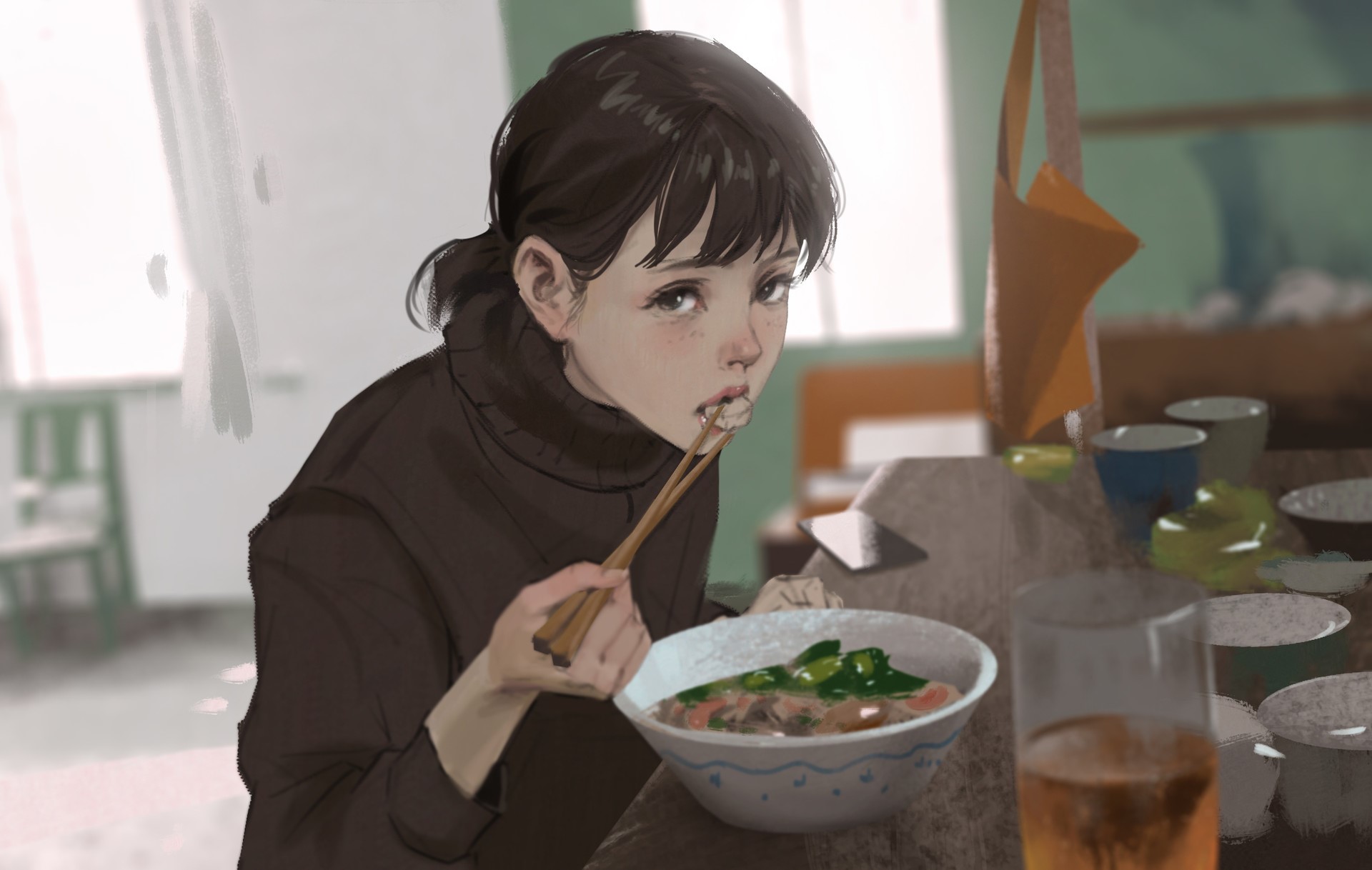 Rui Li, anime girls, artwork, anime, eating, anime girls eating, HD Wallpaper
