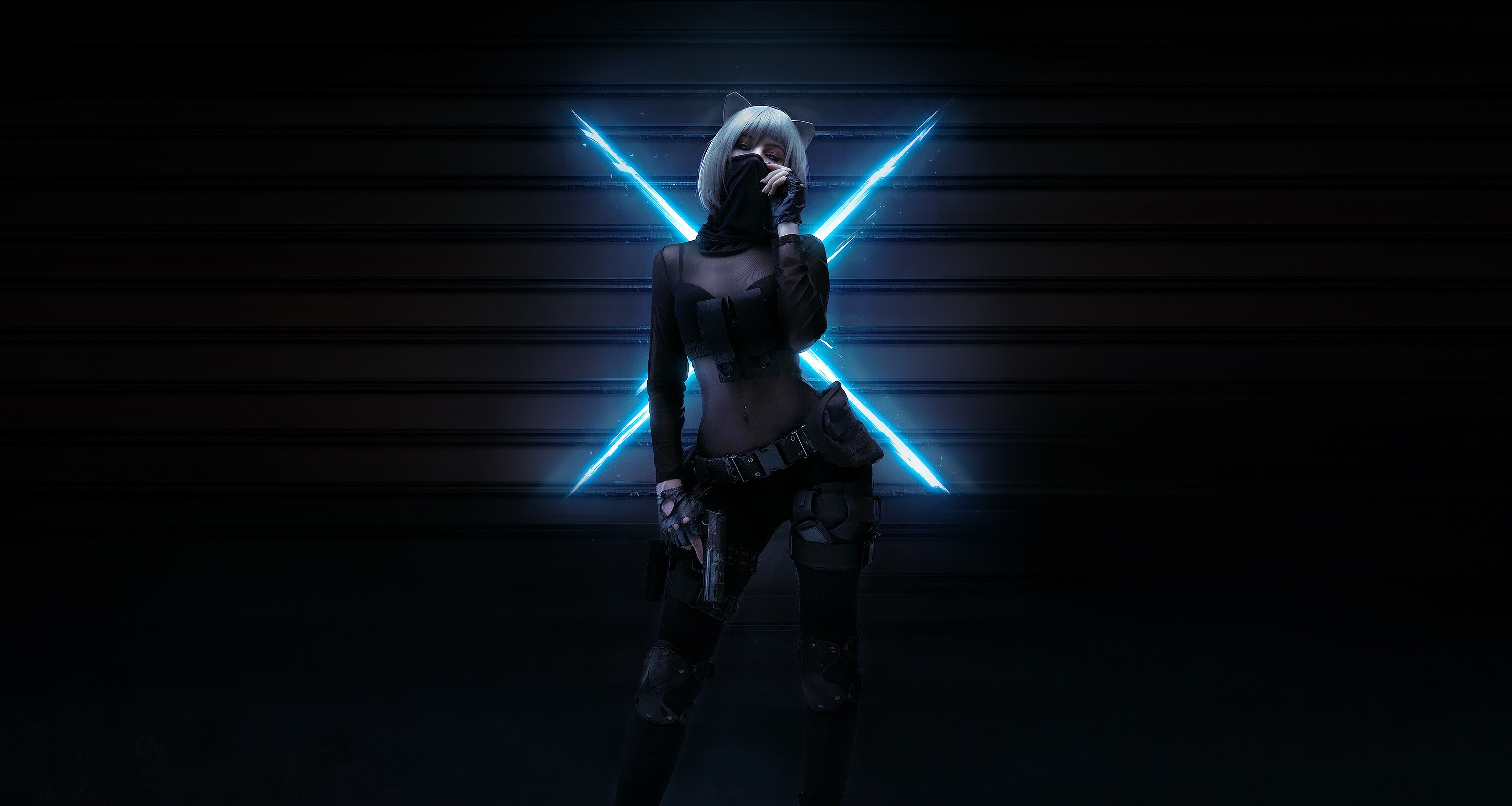 dark, artwork, women, weapon, cyberpunk, gun, mask, animal ears, cyan, HD Wallpaper