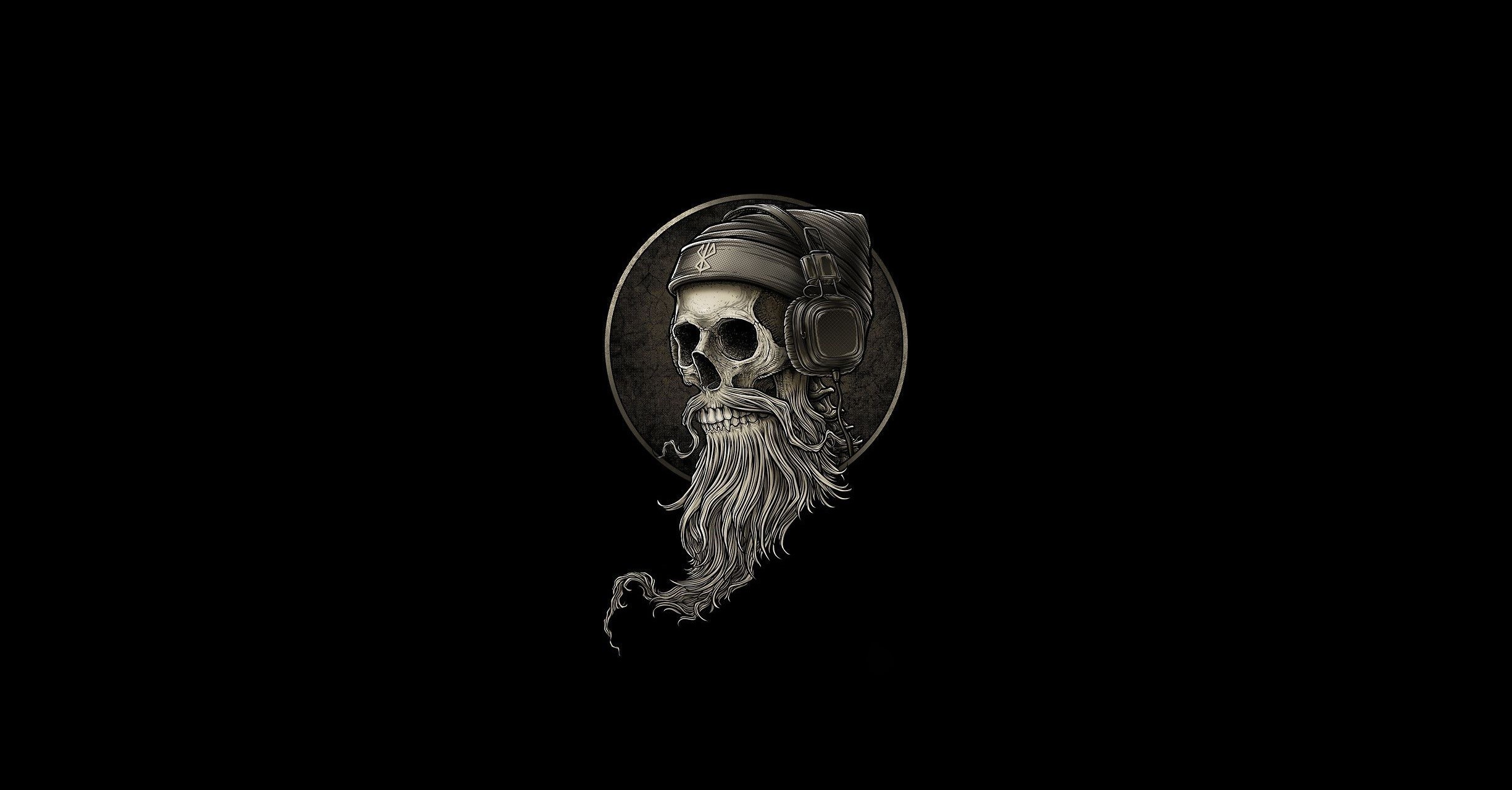headphones, skull, beard, monochrome, artwork, minimalism, simple background, HD Wallpaper