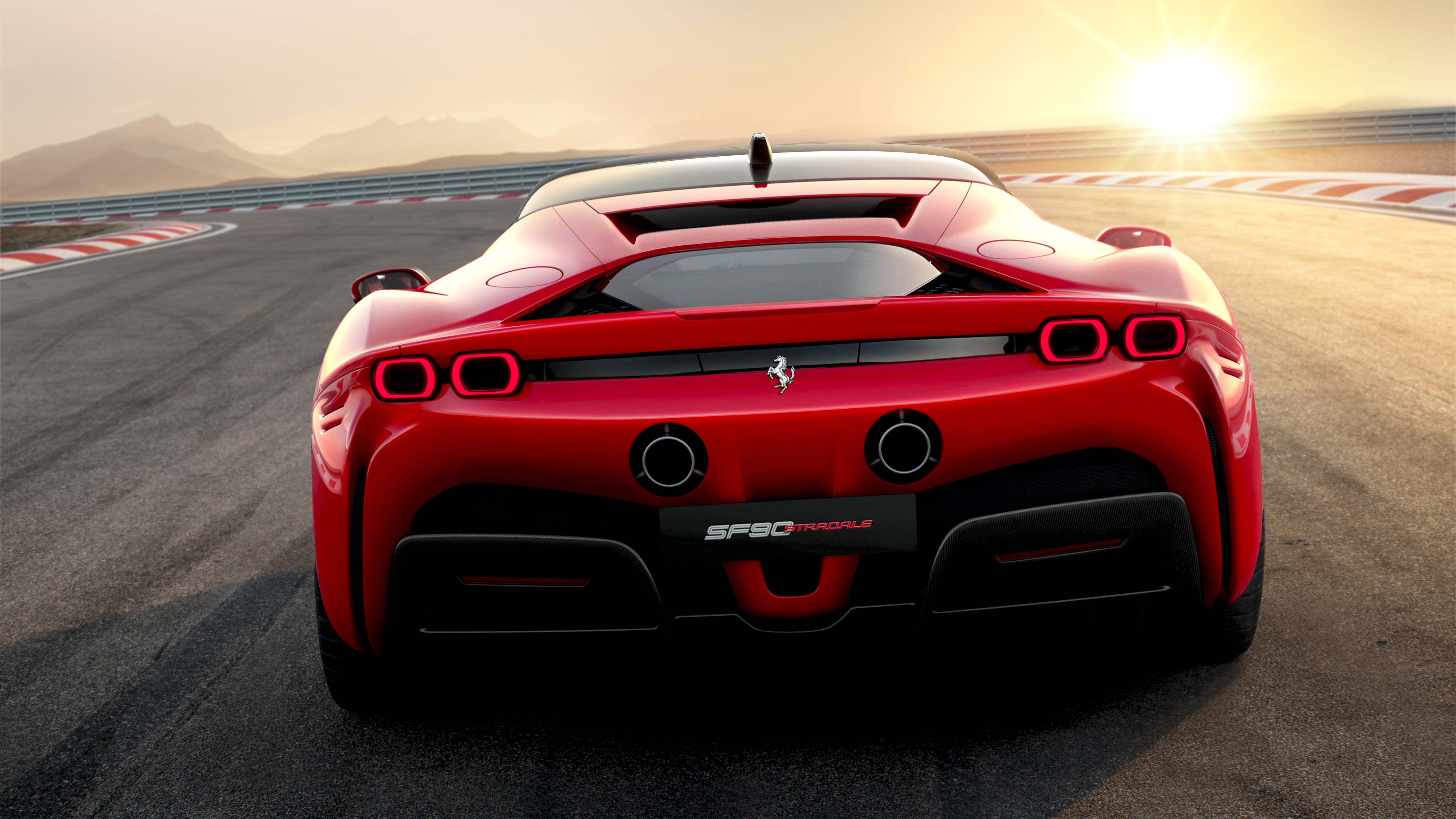 Ferrari, supercars, red cars, race tracks, Ferrari SF90 Stradale, rear view, car, sun rays, HD Wallpaper