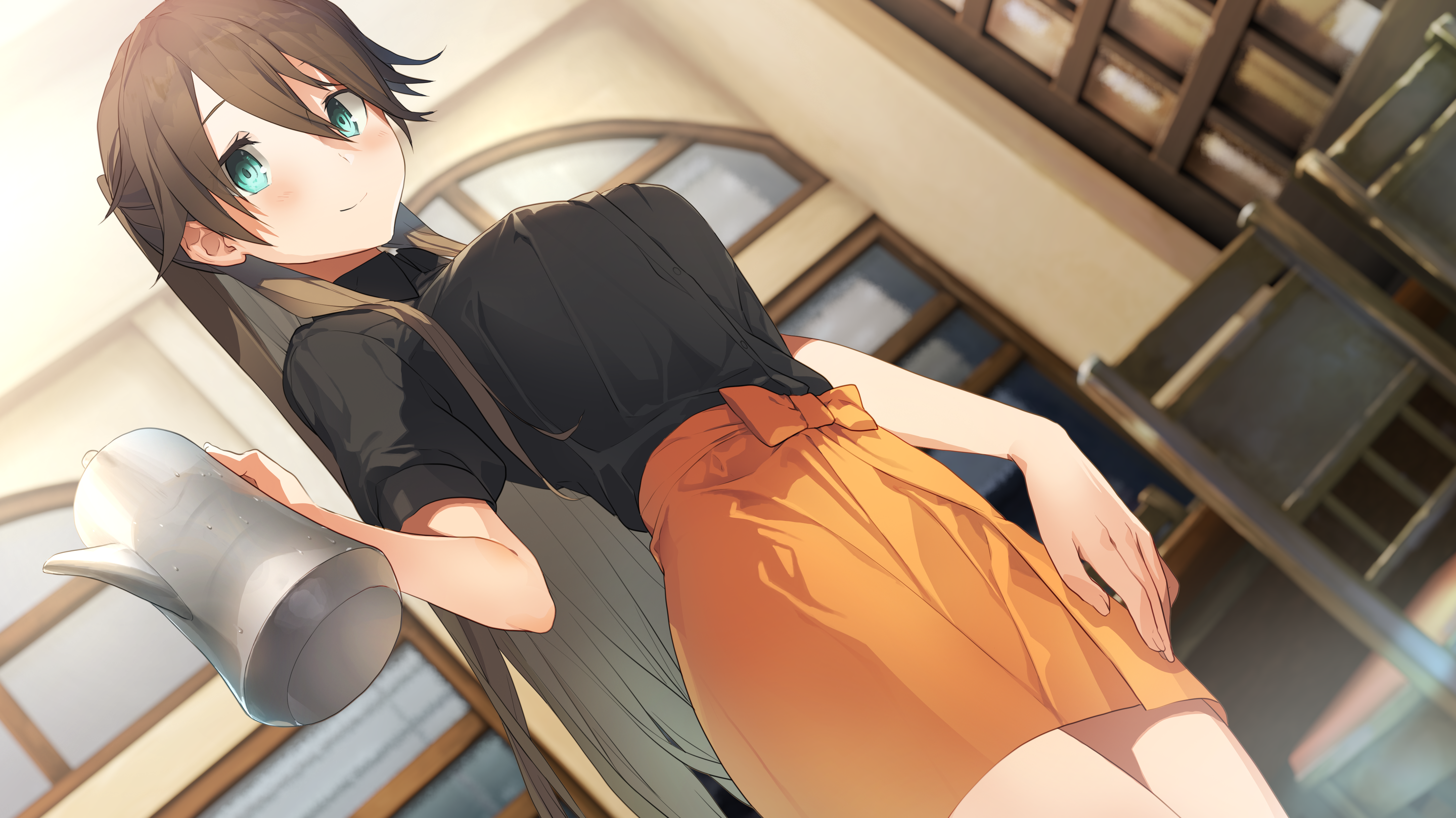 anime girls, brunette, waitress, cafeteria, HD Wallpaper