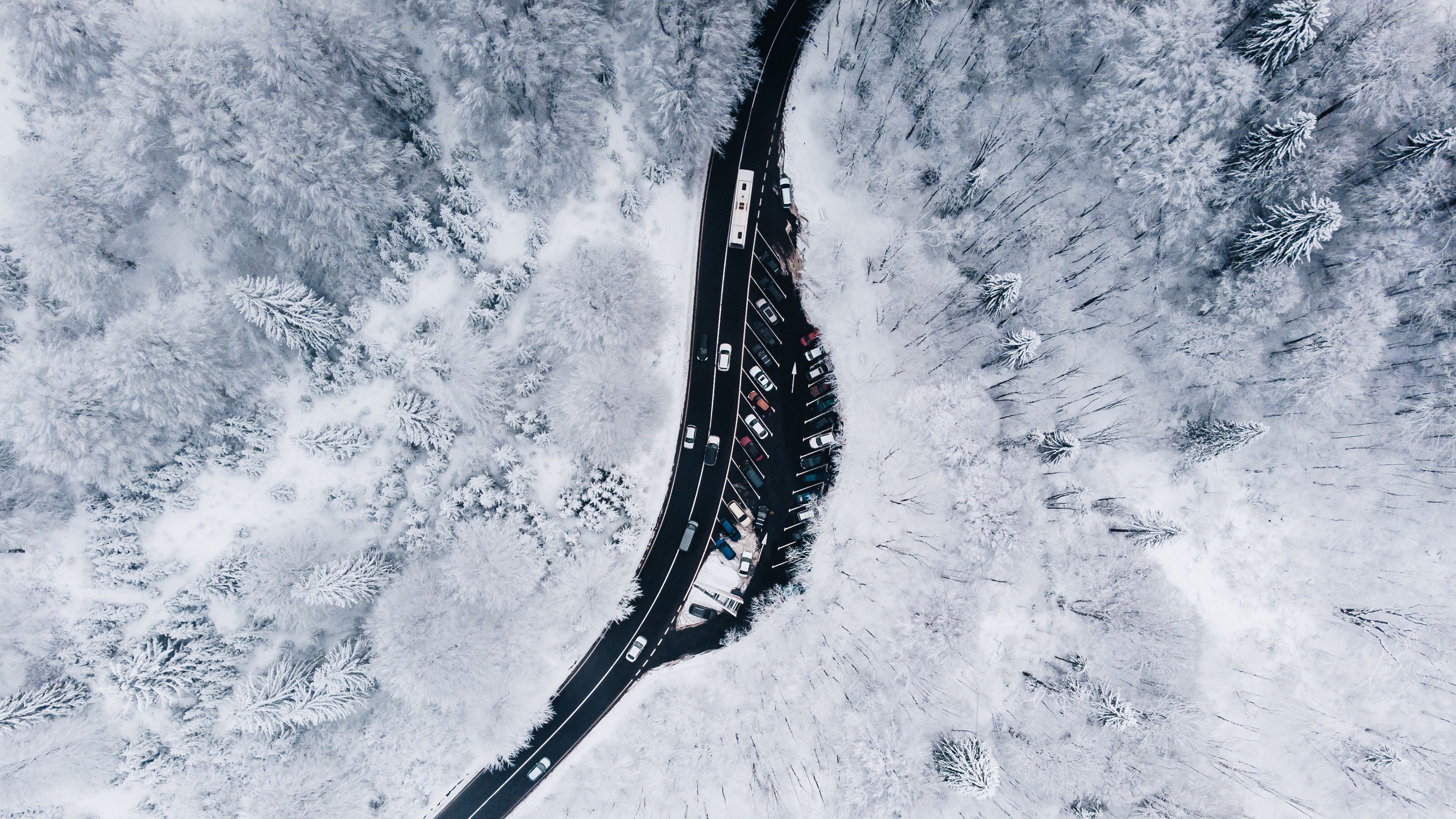 winter, aerial view, forest, road, 4k, HD Wallpaper