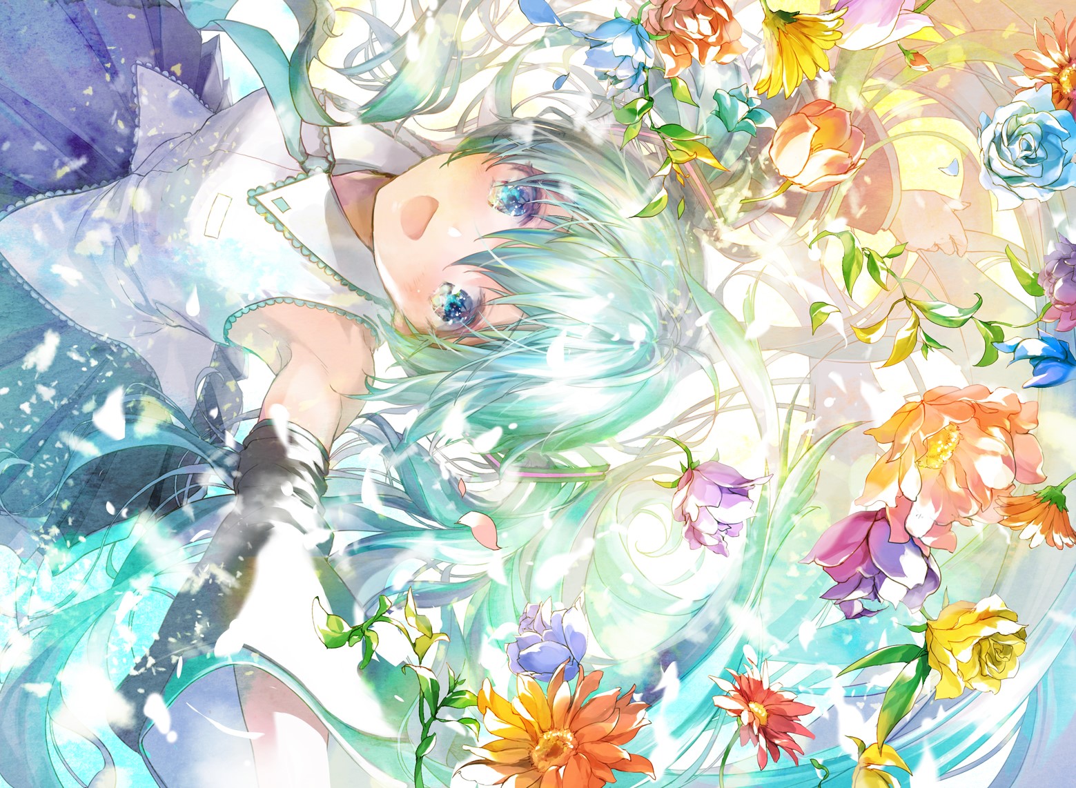 anime, anime girls, Vocaloid, Hatsune Miku, long hair, twintails, flowers, HD Wallpaper