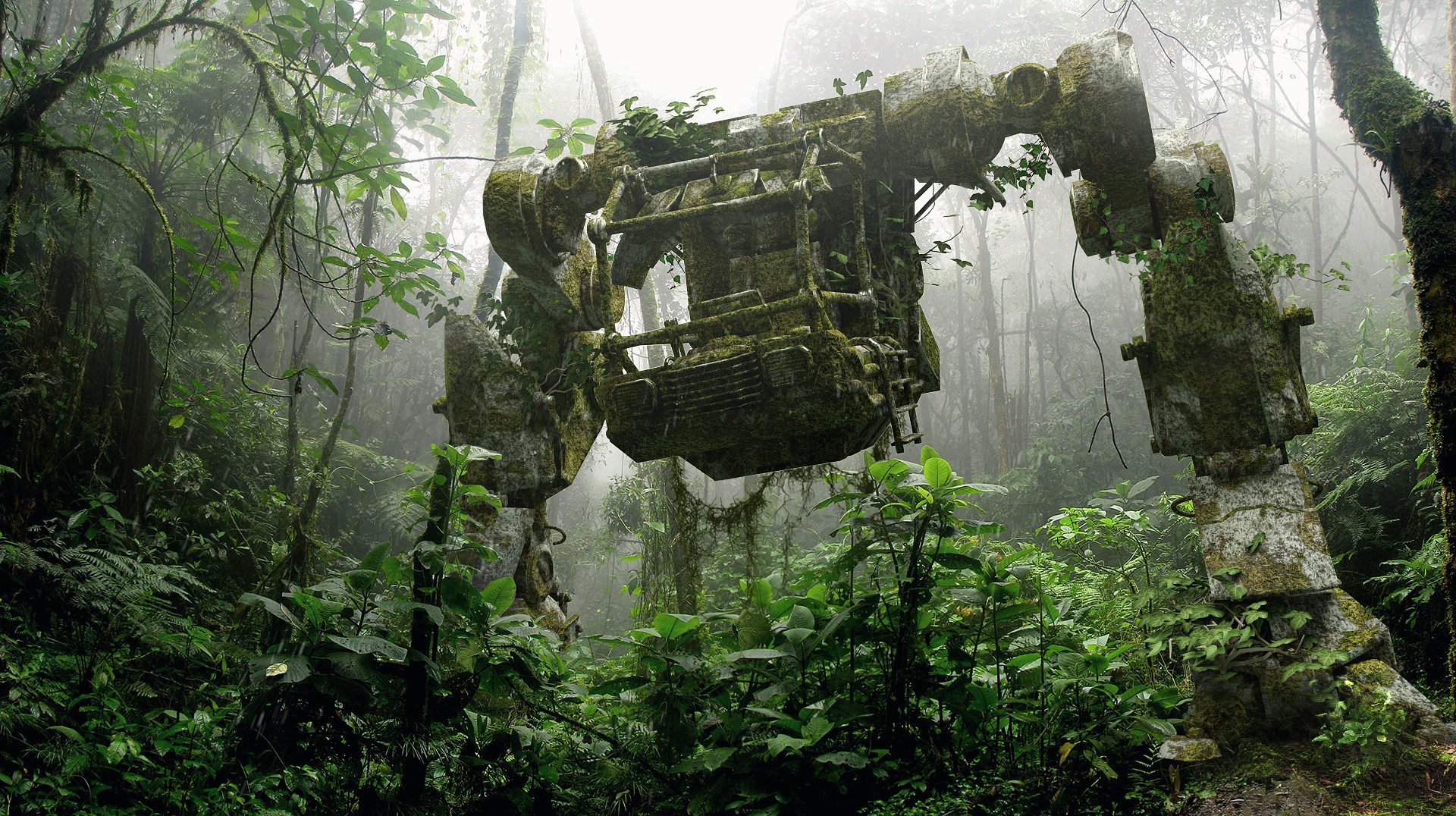 mech, digital art, wreck, trees, science fiction, HD Wallpaper