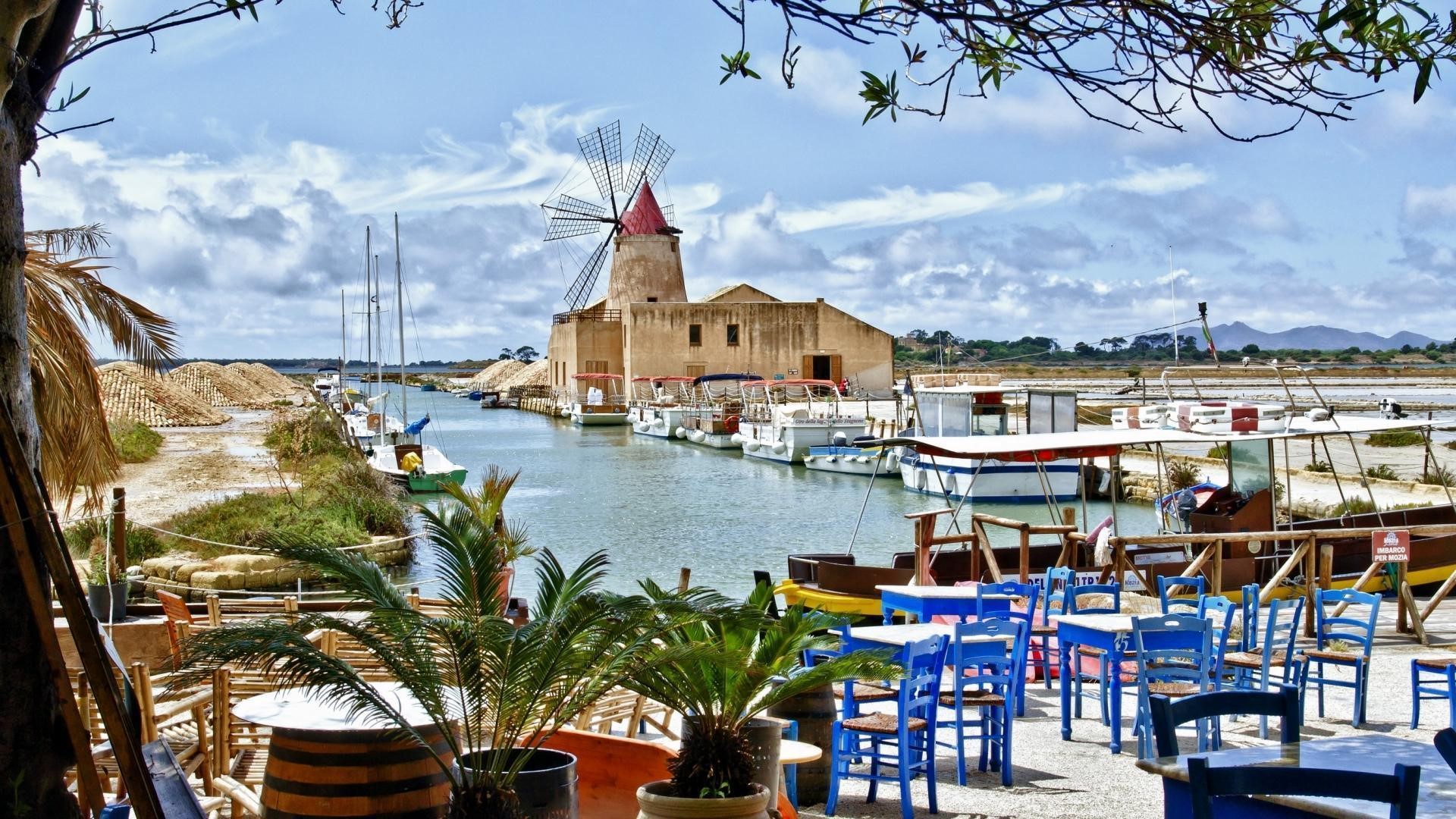 Sicily, Marsala, Italy, windmill, palm trees, table, chair, sea, landscape, HD Wallpaper