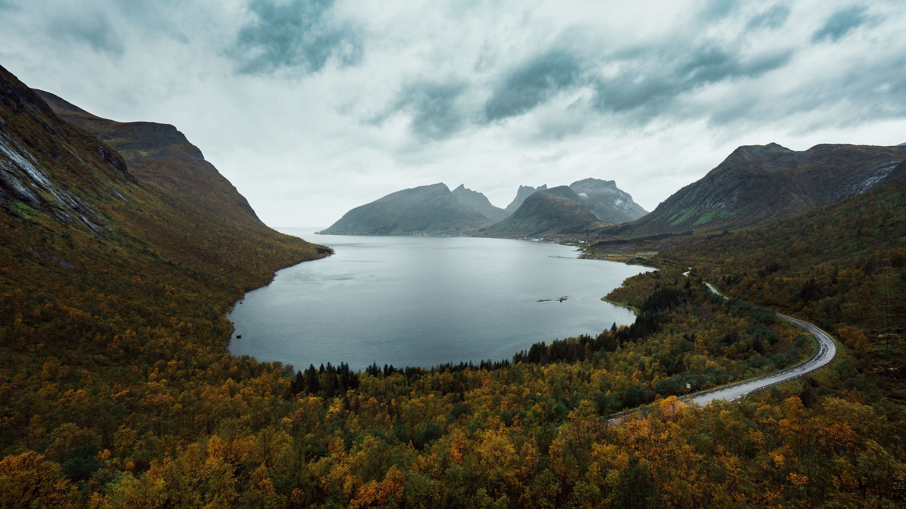 lake, mountains, aerial view, berg, norway, 4k, HD Wallpaper