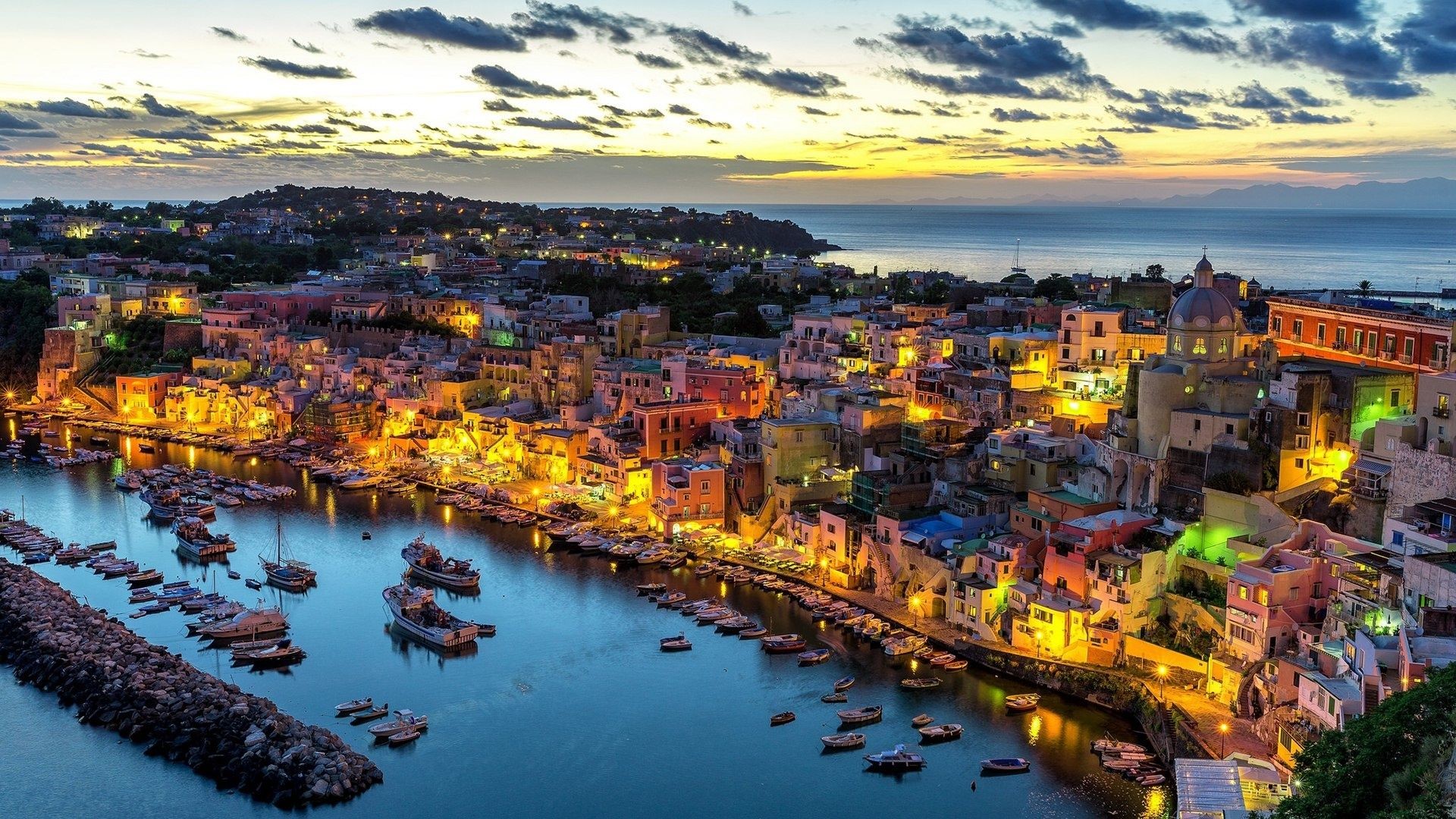 Naples, Campania, Procida, Italy, lights, bay, landscape, sea, sunset, island, HD Wallpaper