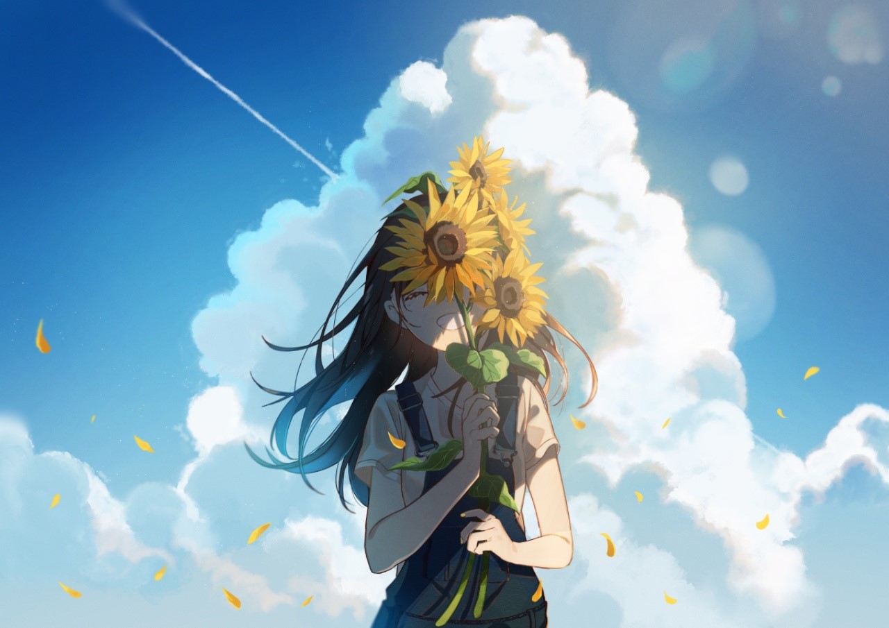 summer, sunlight, sunflowers, clouds, sky, anime, smiling, petals, overalls, brunette, HD Wallpaper