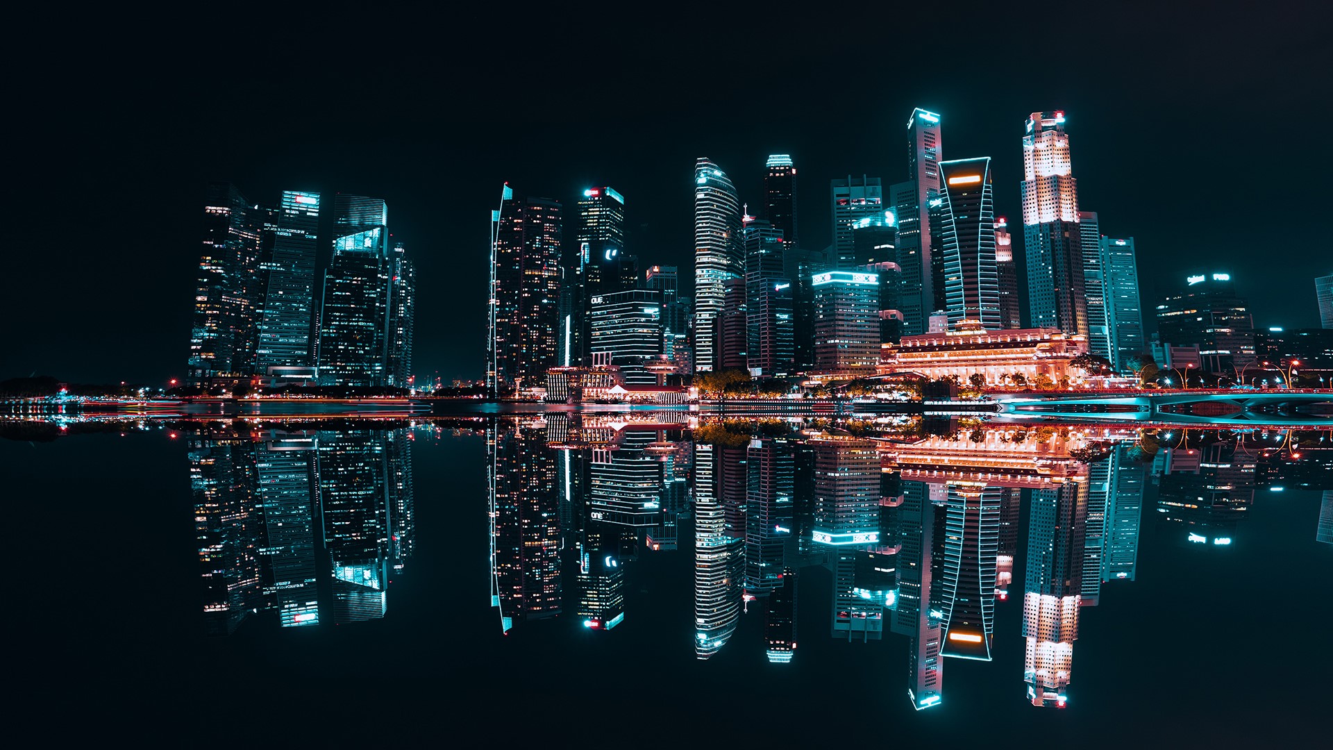 water, building, lights, night, Singapore, HD Wallpaper