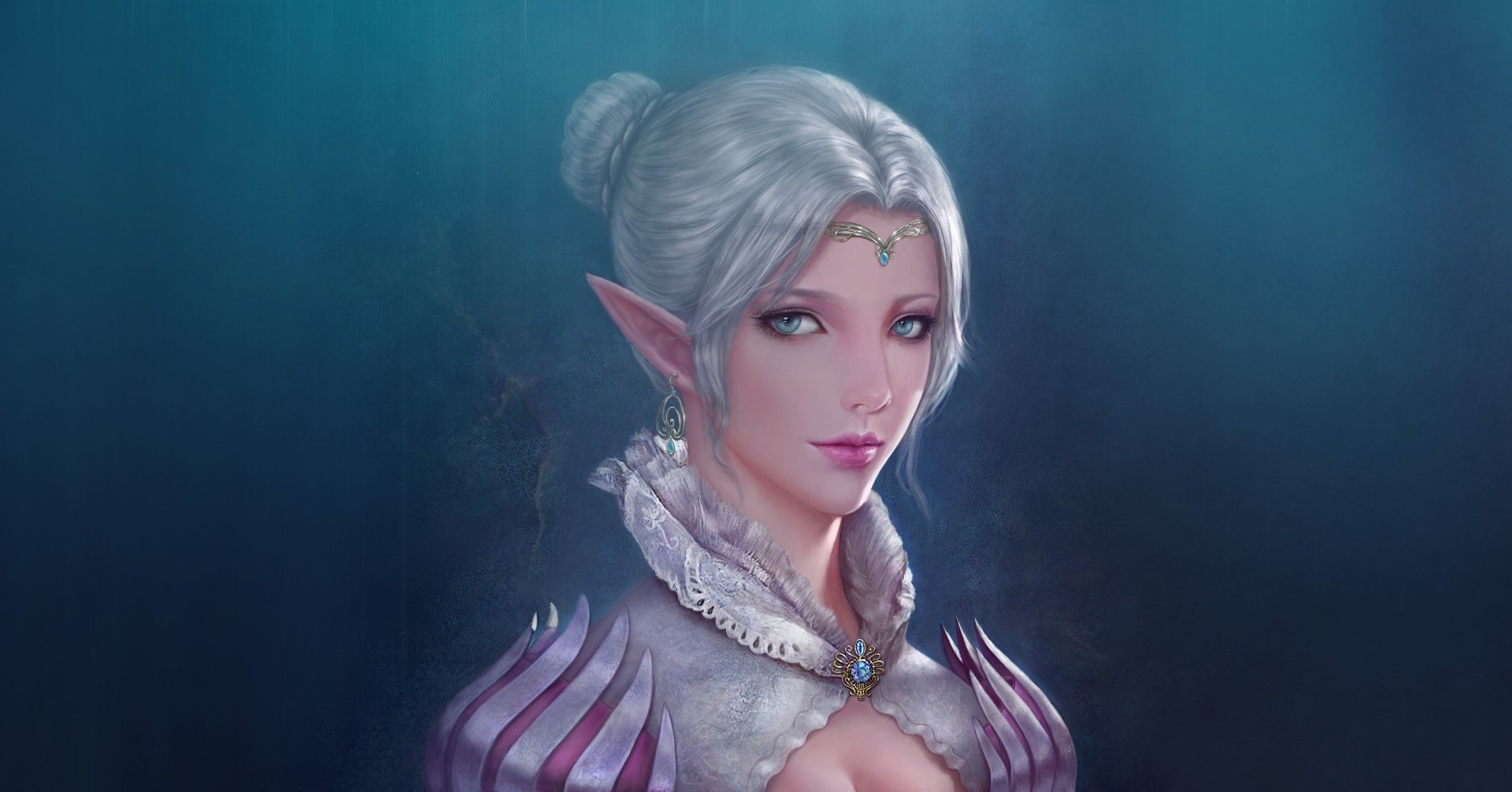 elves, pointy ears, fantasy girl, fantasy art, blue background, blue eyes, HD Wallpaper