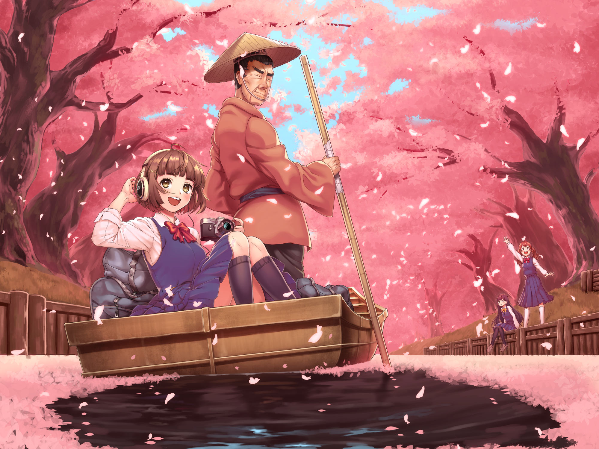 schoolgirl, brunette, happy, headphones, camera, anime girls, anime boys, blushing, original characters, artwork, digital art, drawing, 2D, anime, HD Wallpaper