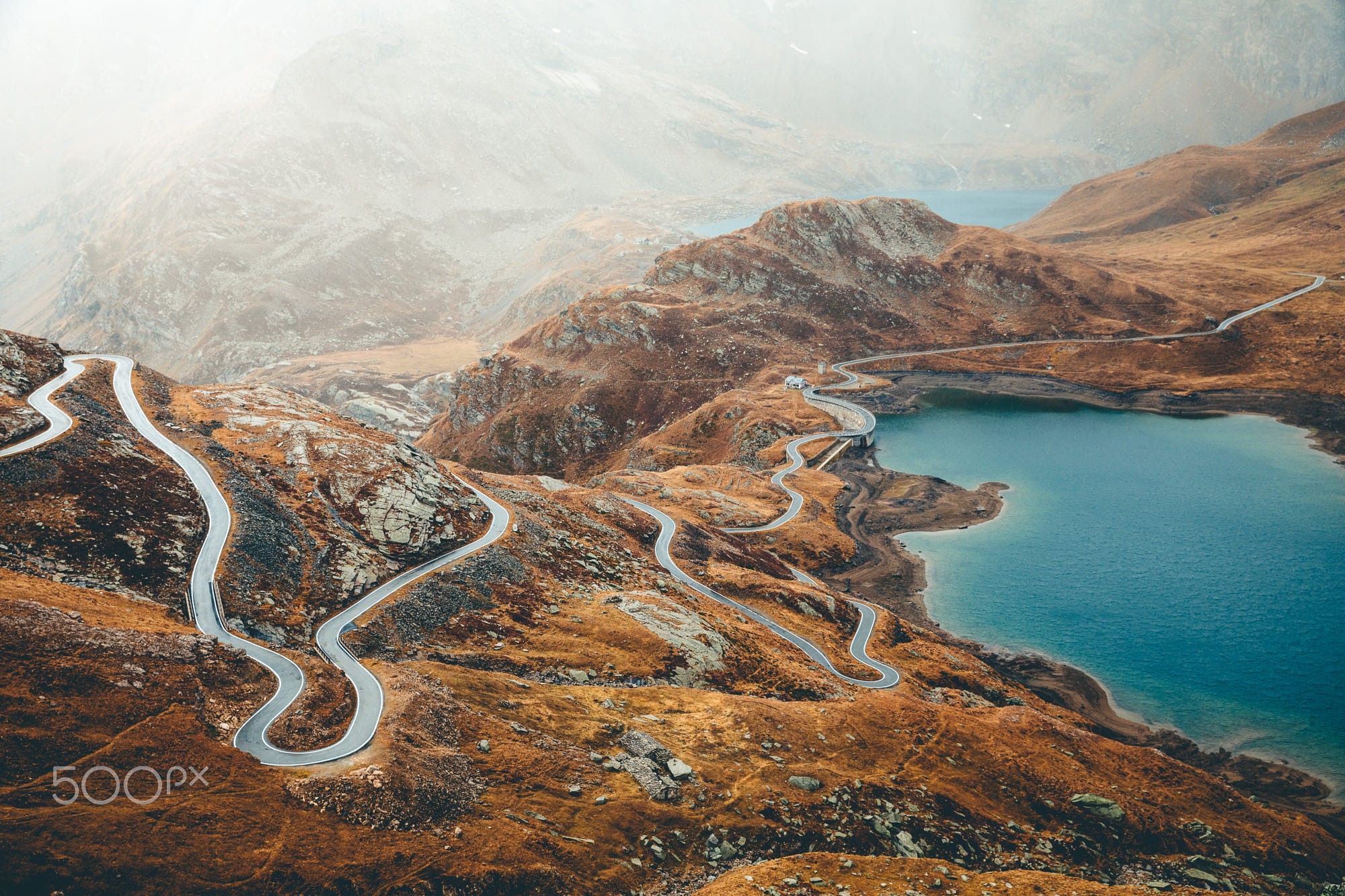 photography, landscape, 500px, water, road, mountains, mist, lake, nature, HD Wallpaper