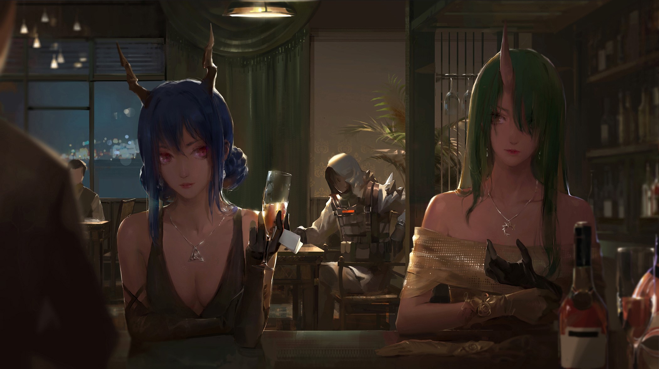 Arknights, horns, dress, blue hair, green hair, anime girls, Chen (Arknights), Hoshiguma (Arknights), HD Wallpaper