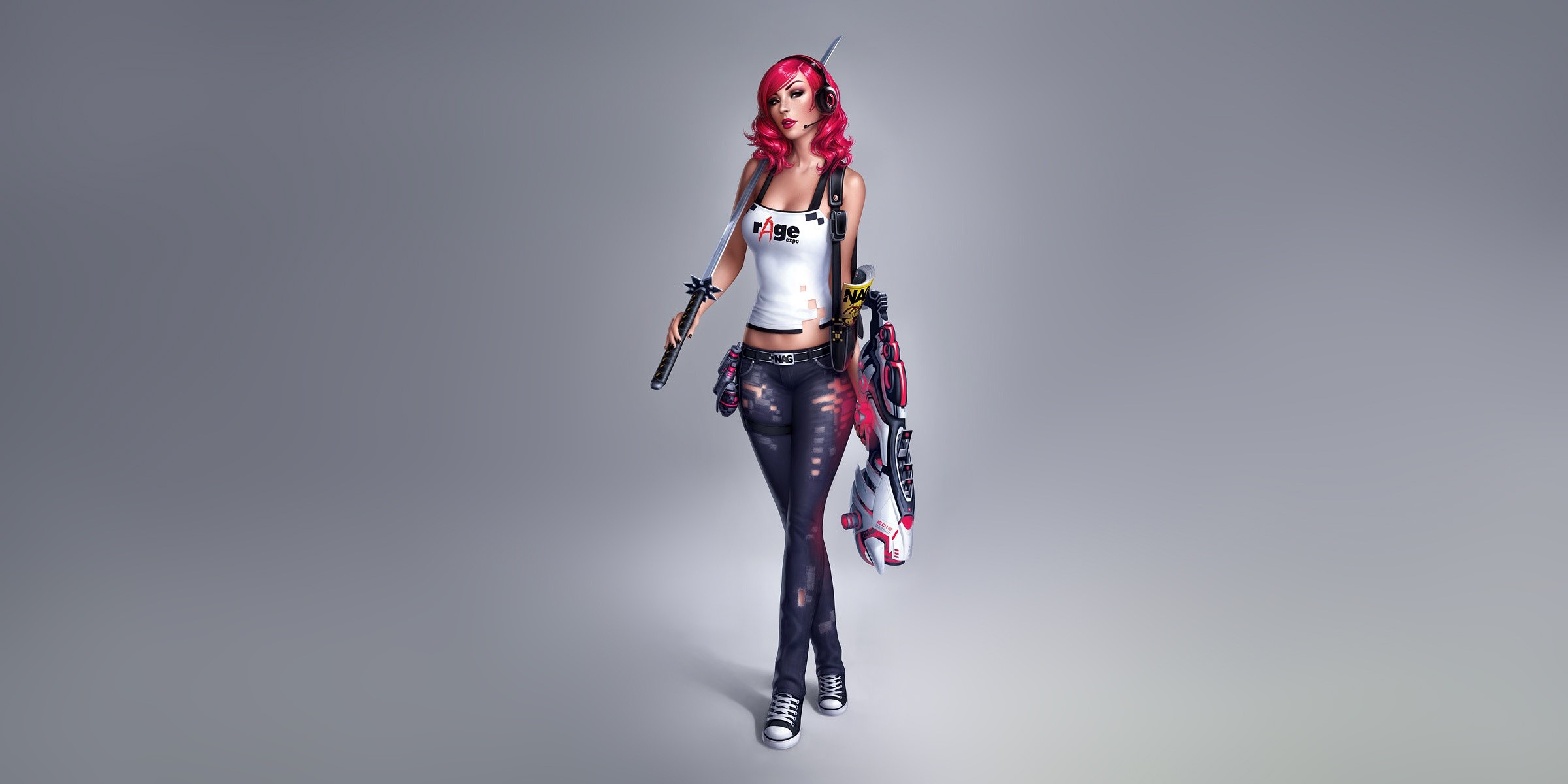 simple background, artwork, sword, weapon, women, redhead, promomodels, HD Wallpaper