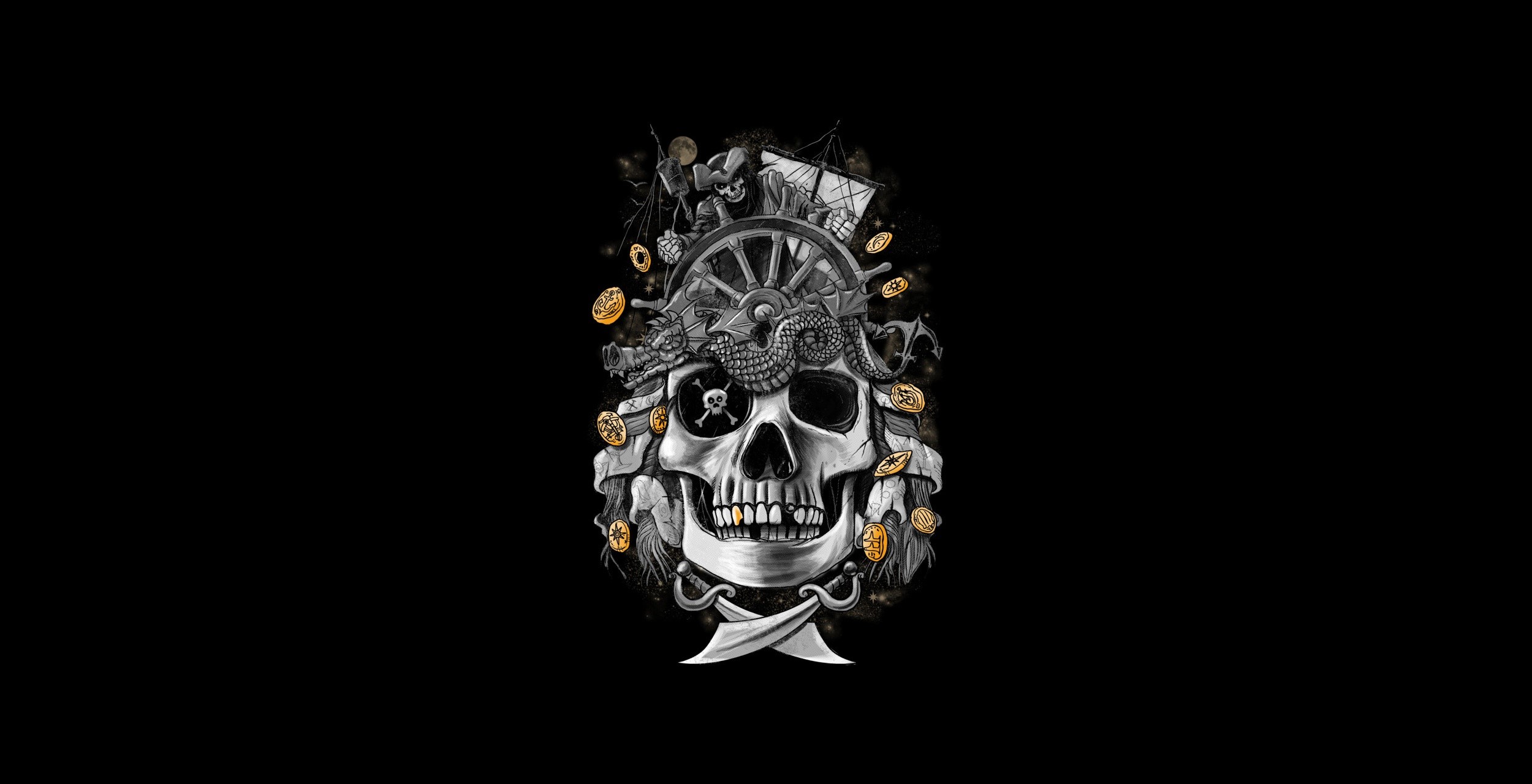 skull, artwork, minimalism, simple background, black background, pirates, HD Wallpaper
