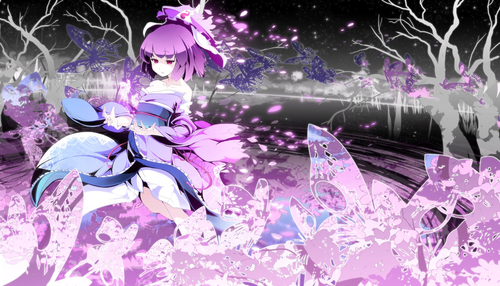 Asakura Masatoki, Touhou, anime girls, Saigyouji Yuyuko, nature, trees, butterflies, dress, pink hair, red eyes, water, leaves, reflection, hat, HD Wallpaper