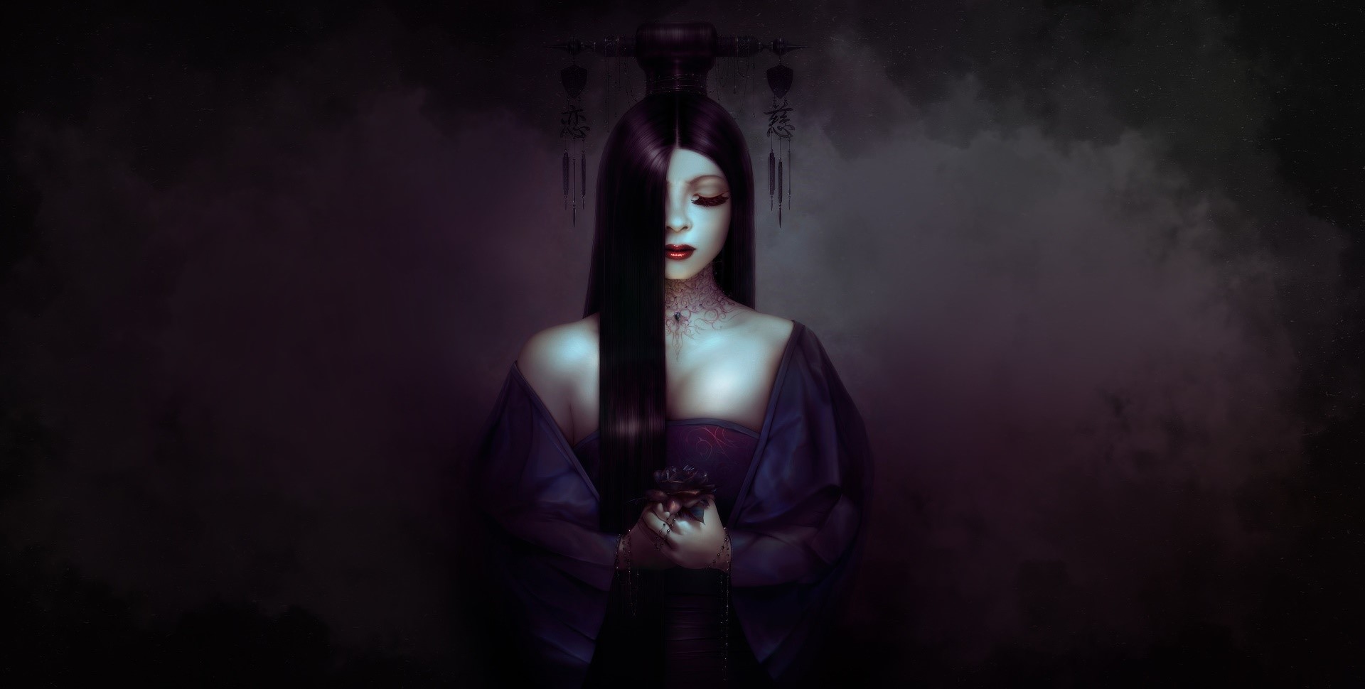 women, artwork, fantasy girl, dark, dark hair, fantasy art, red lipstick, closed eyes, long hair, HD Wallpaper