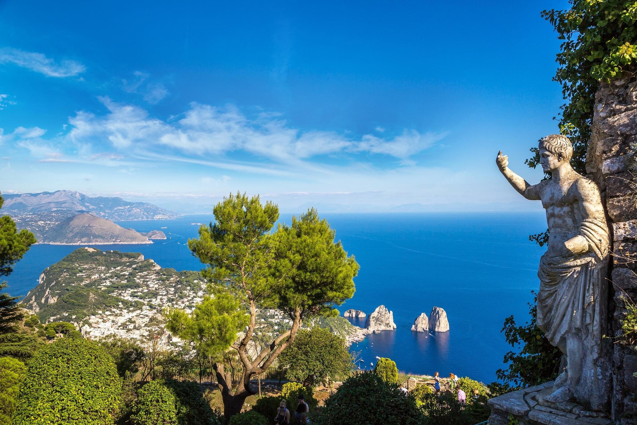 Anacapri, Italy, sea village, statue, Ancient Greek sculpture, landscape, HD Wallpaper