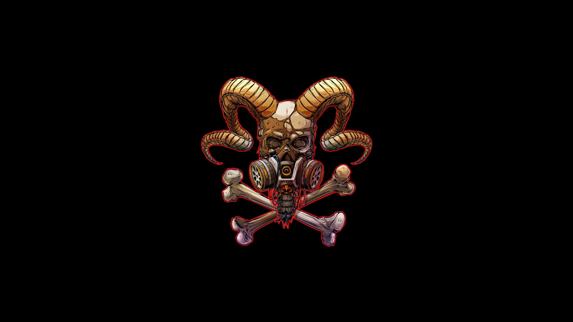 horns, skull, bones, gas masks, simple background, black background, artwork, minimalism, HD Wallpaper