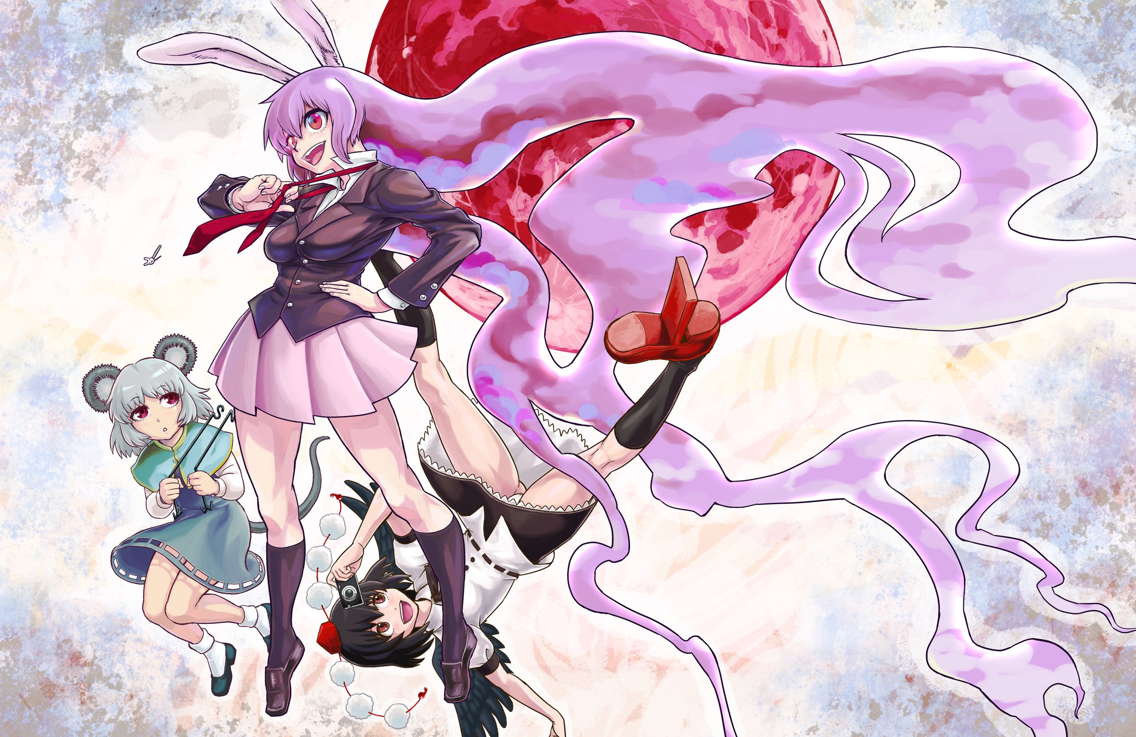 Touhou, Reisen Udongein Inaba, Aya Shameimaru, Nazrin, red moon, HD Wallpaper