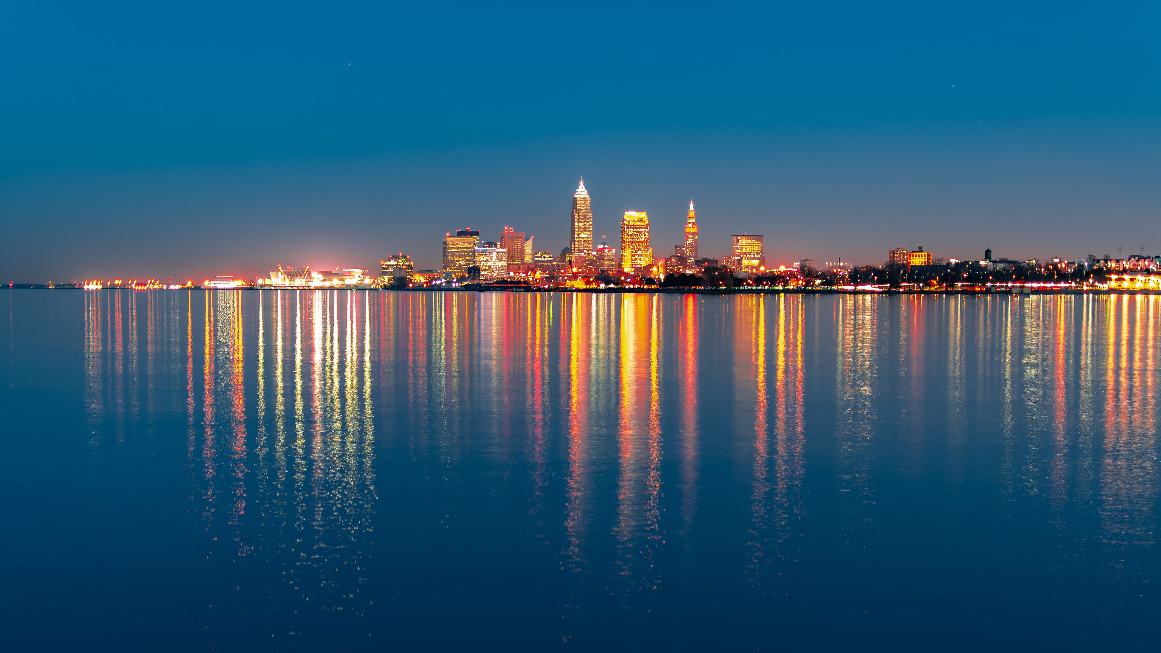 night city, city lights, panorama, beach, cleveland, ohio, 4k, HD Wallpaper