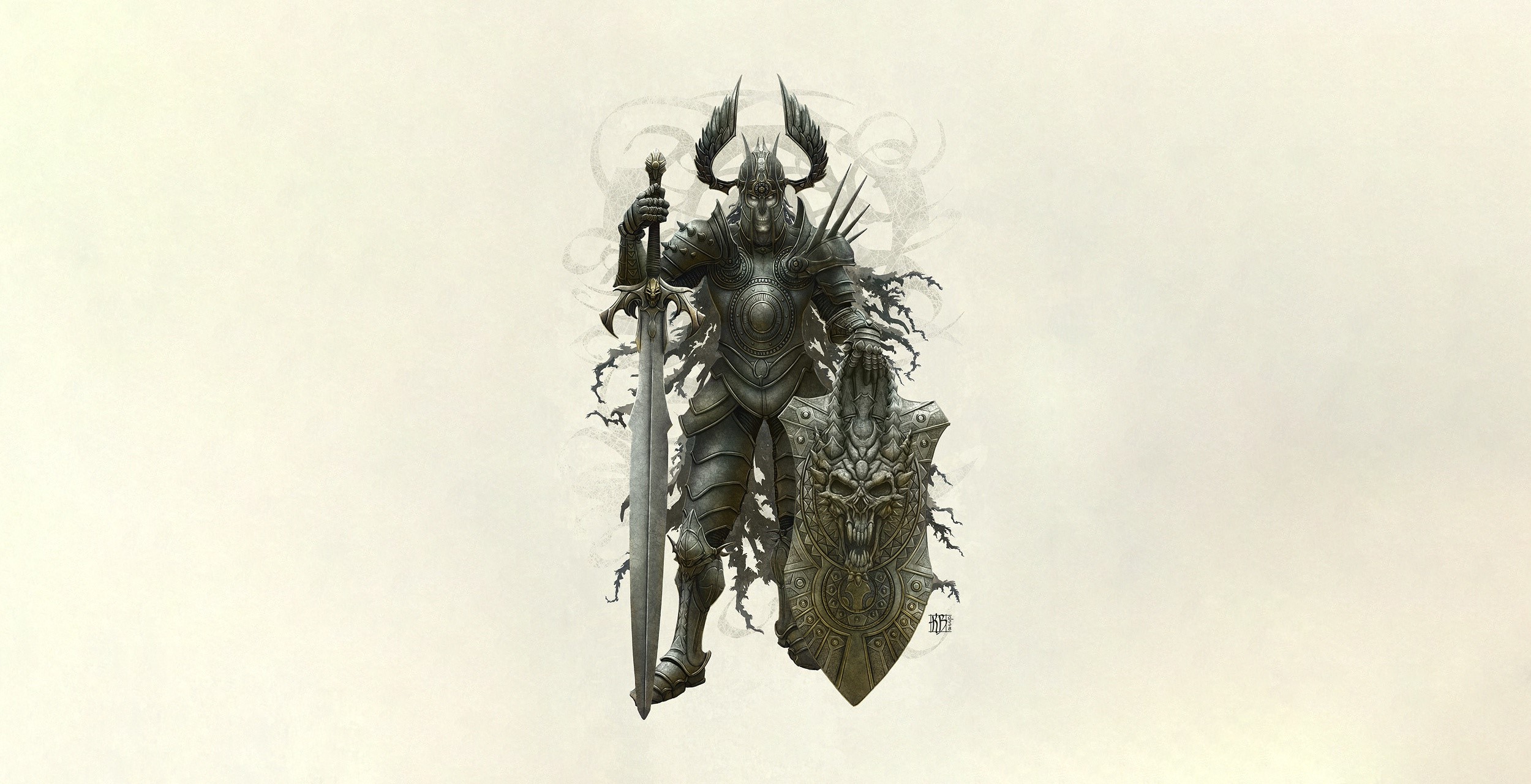 simple background, white background, knight, sword, shield, skull, Armored, fantasy art, artwork, Kerem Beyit, frontal view, HD Wallpaper
