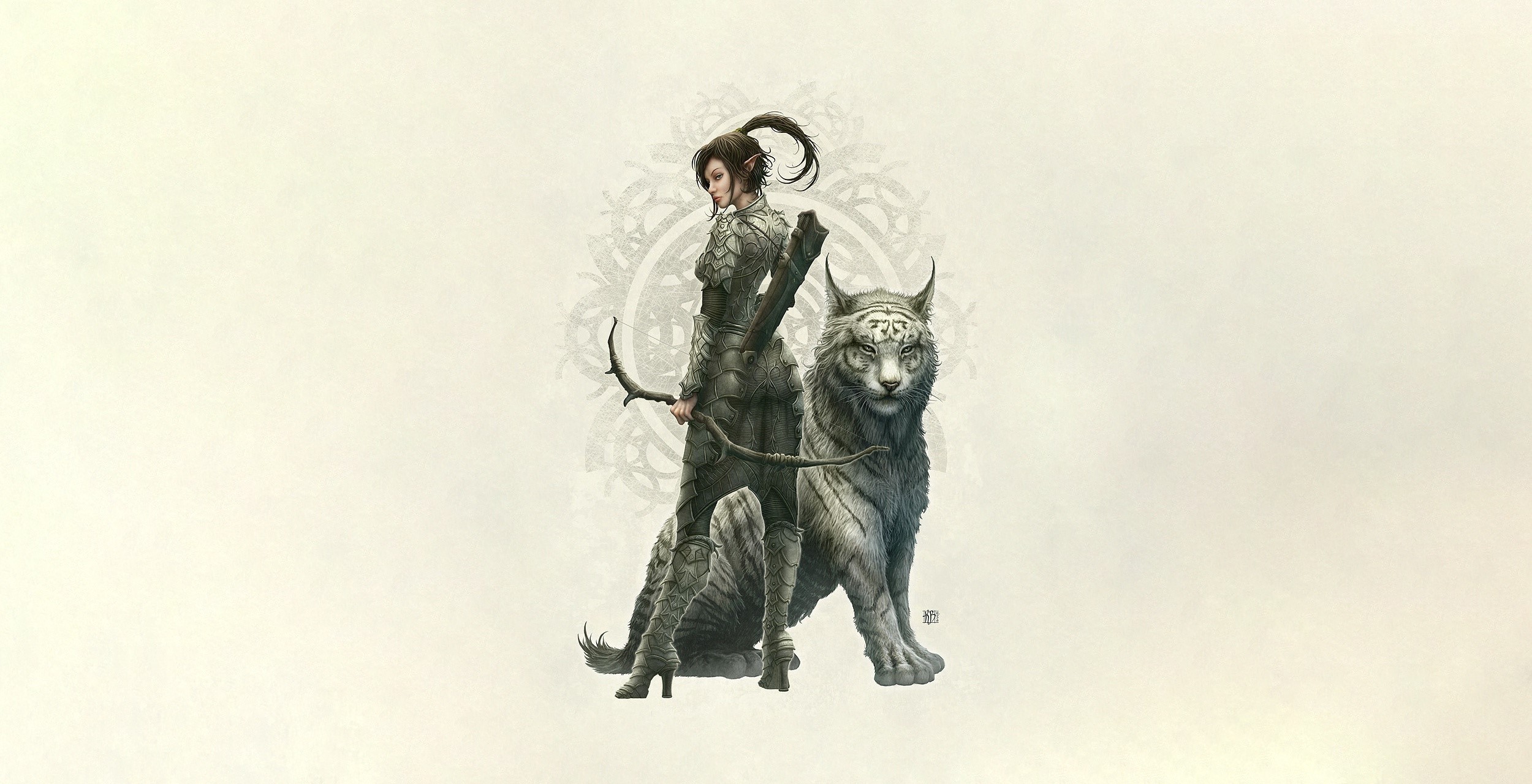 cats, big cats, creature, simple background, white background, fantasy art, archer, fantasy girl, artwork, pointy ears, Kerem Beyit, HD Wallpaper