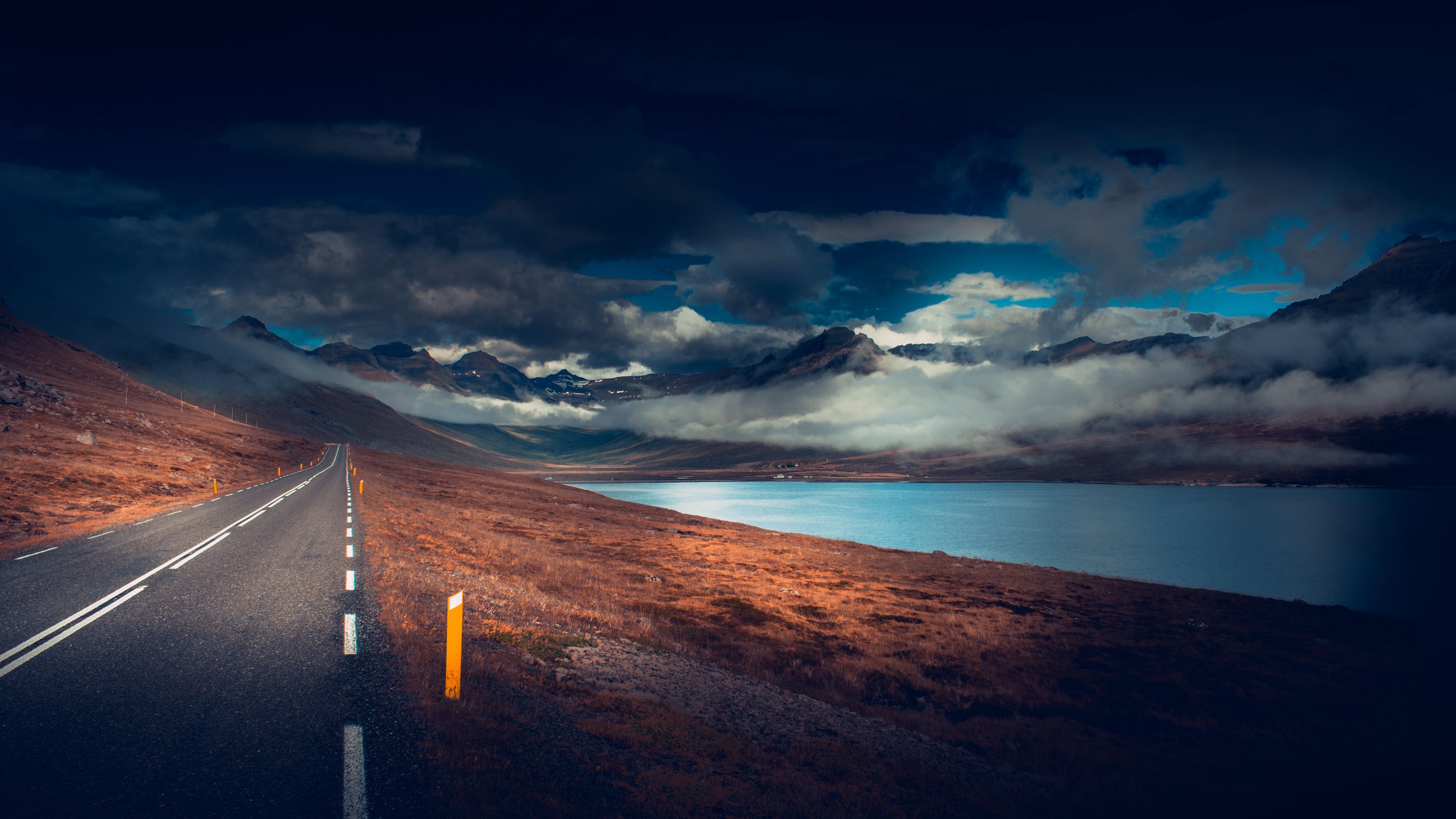 mountains, road, asphalt, marking, lake, dark, clouds, 4k, HD Wallpaper