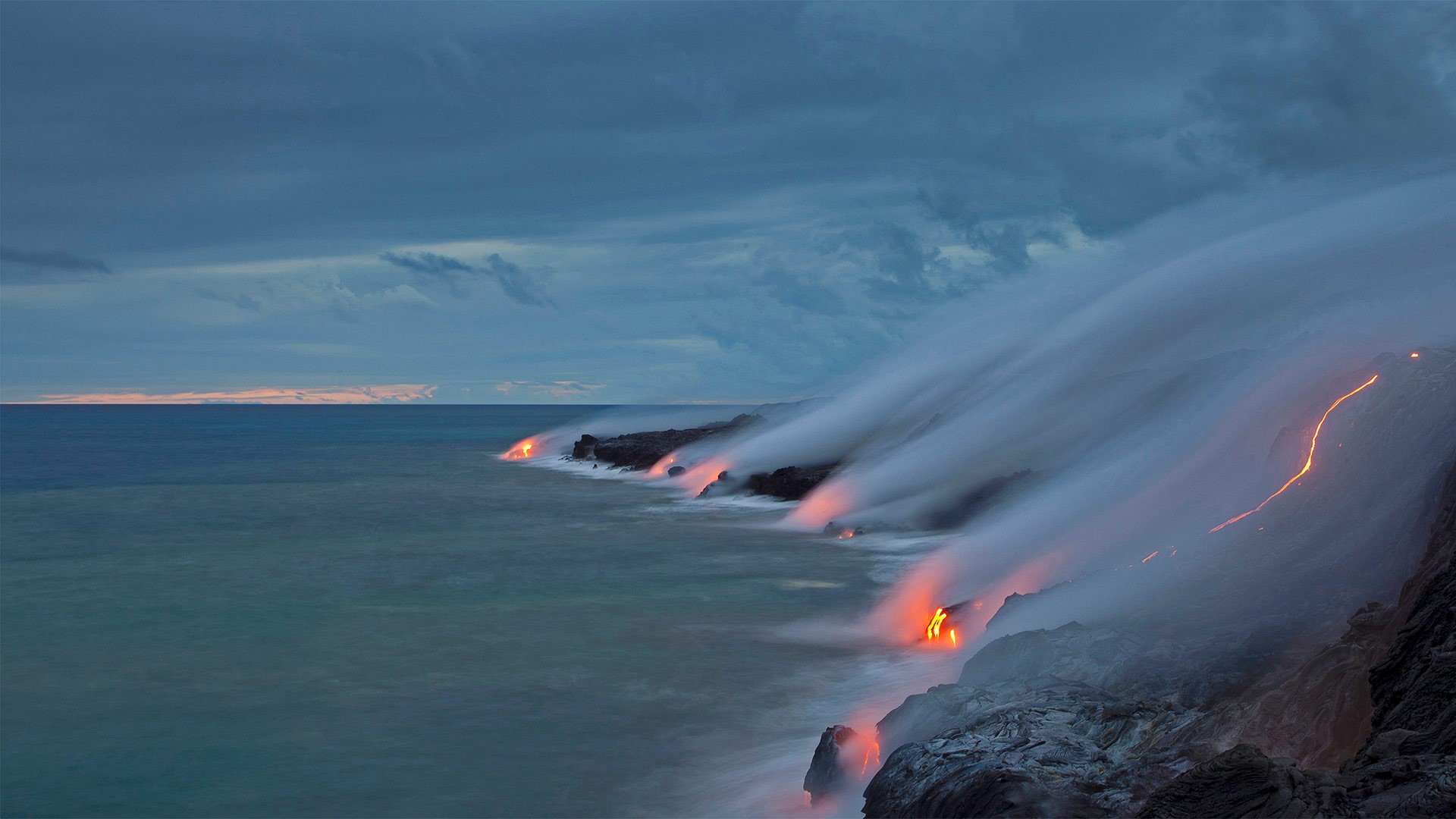 nature, lava, sea, clouds, Hawaii, smoke, horizon, HD Wallpaper
