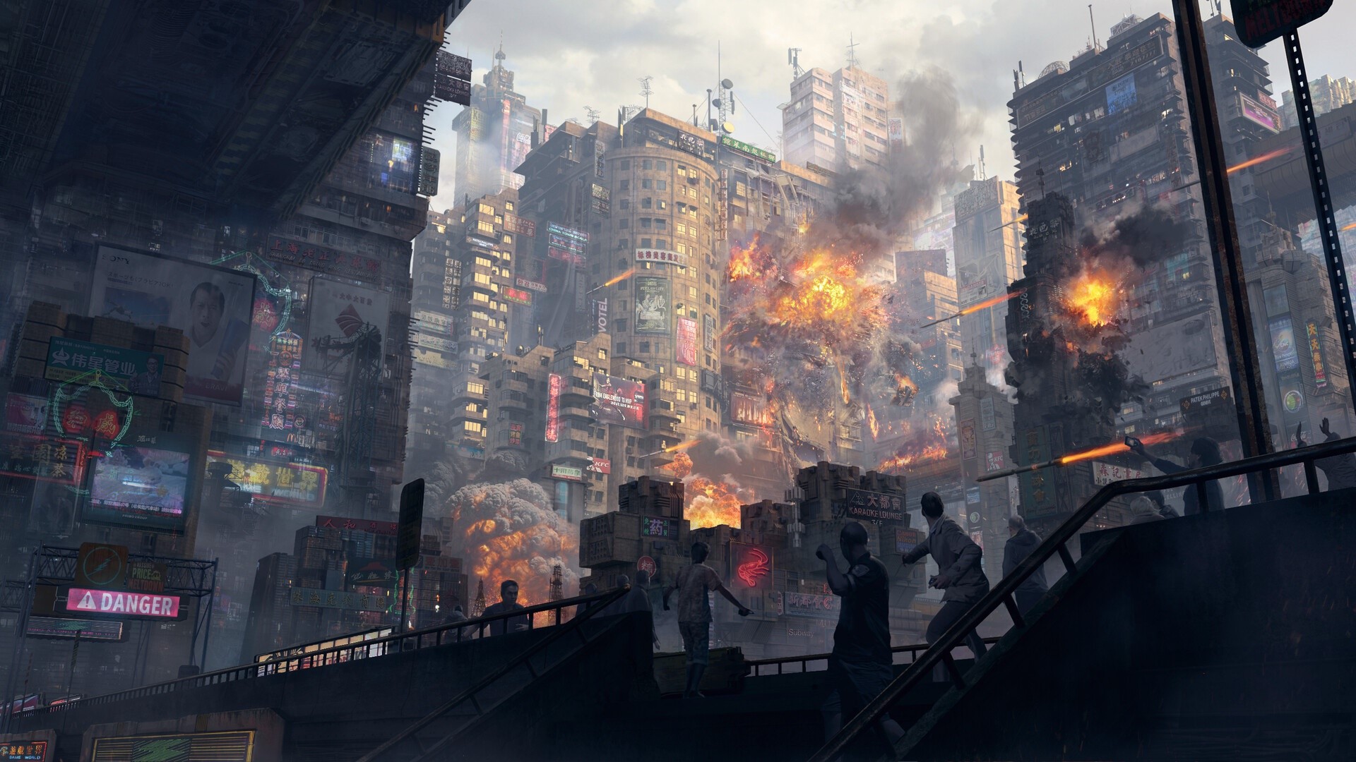 cyberpunk, artwork, futuristic city, war, explosion, HD Wallpaper