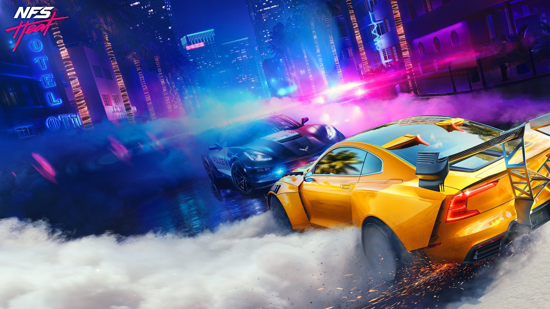 Polestar Racing, Need for Speed, heat, Corvette, police, Retrowave, Miami, smoke, blue, purple, HD Wallpaper