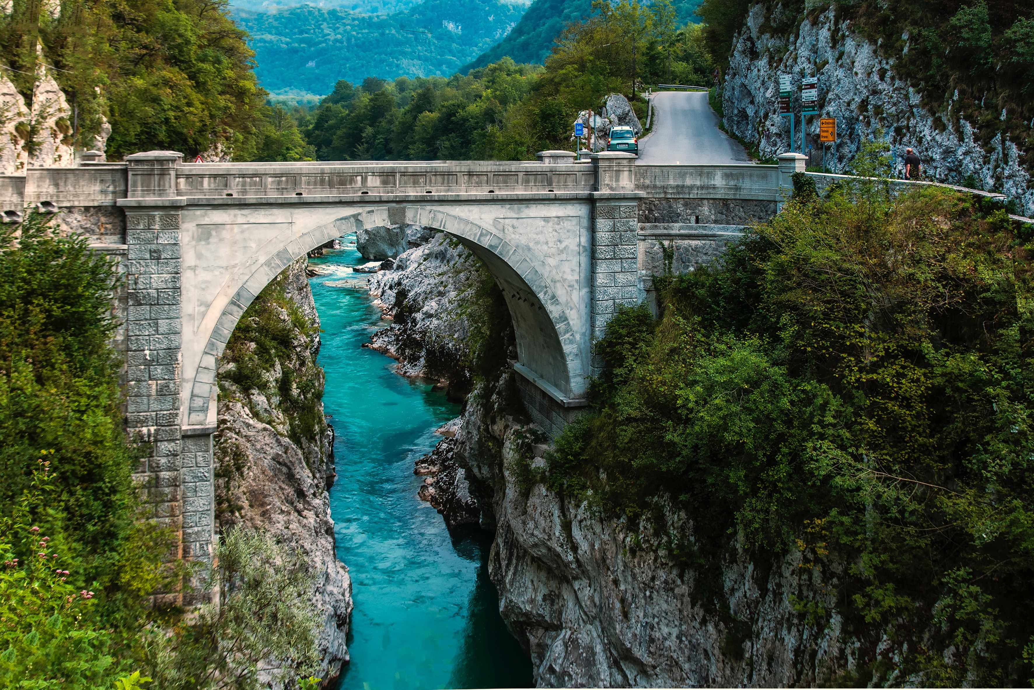 arch, bridge, trees, mountains, nature, water, road, Slovenia, gorge, HD Wallpaper